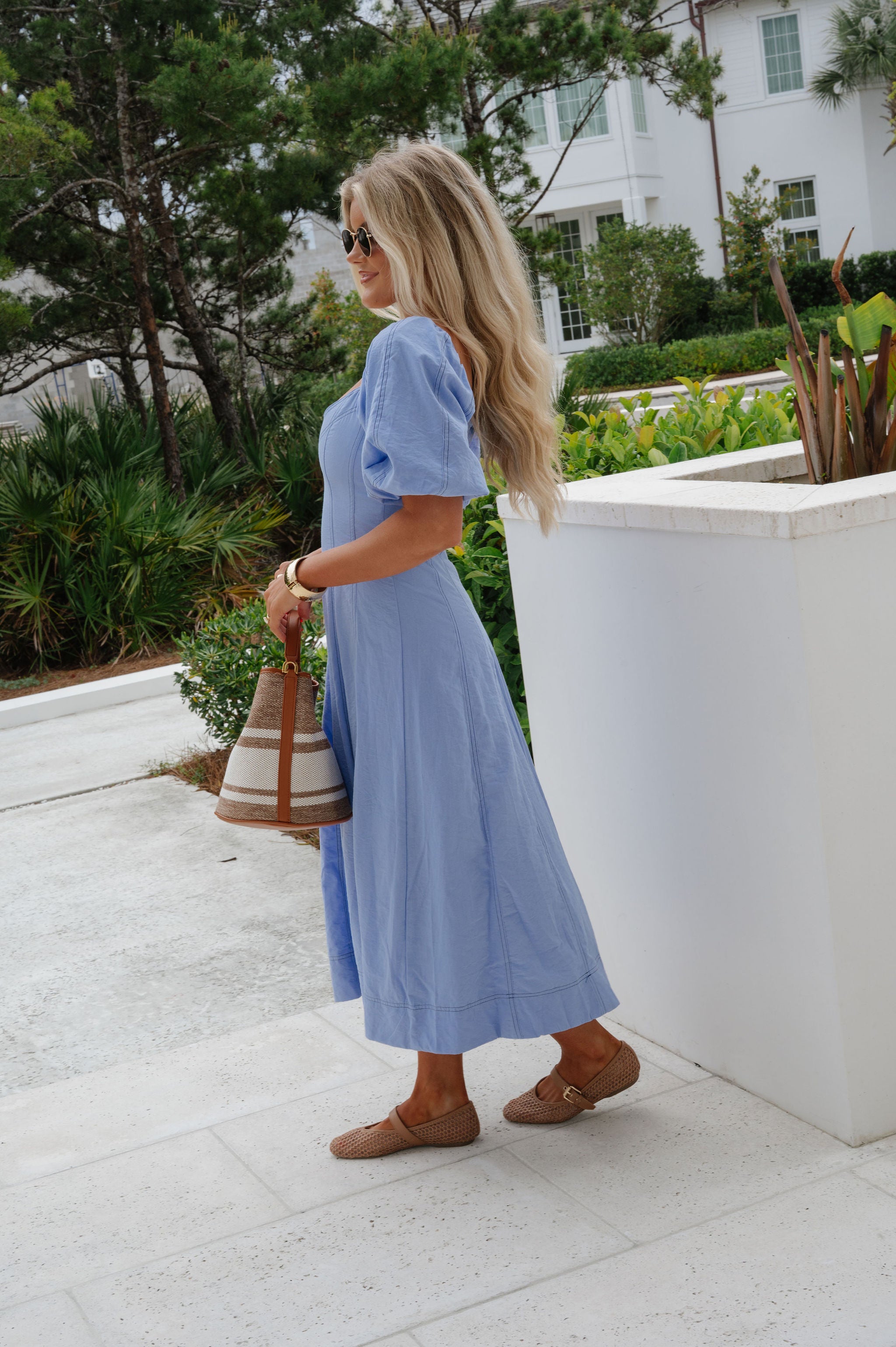 Everly Puff Sleeve Midi Dress-Blue