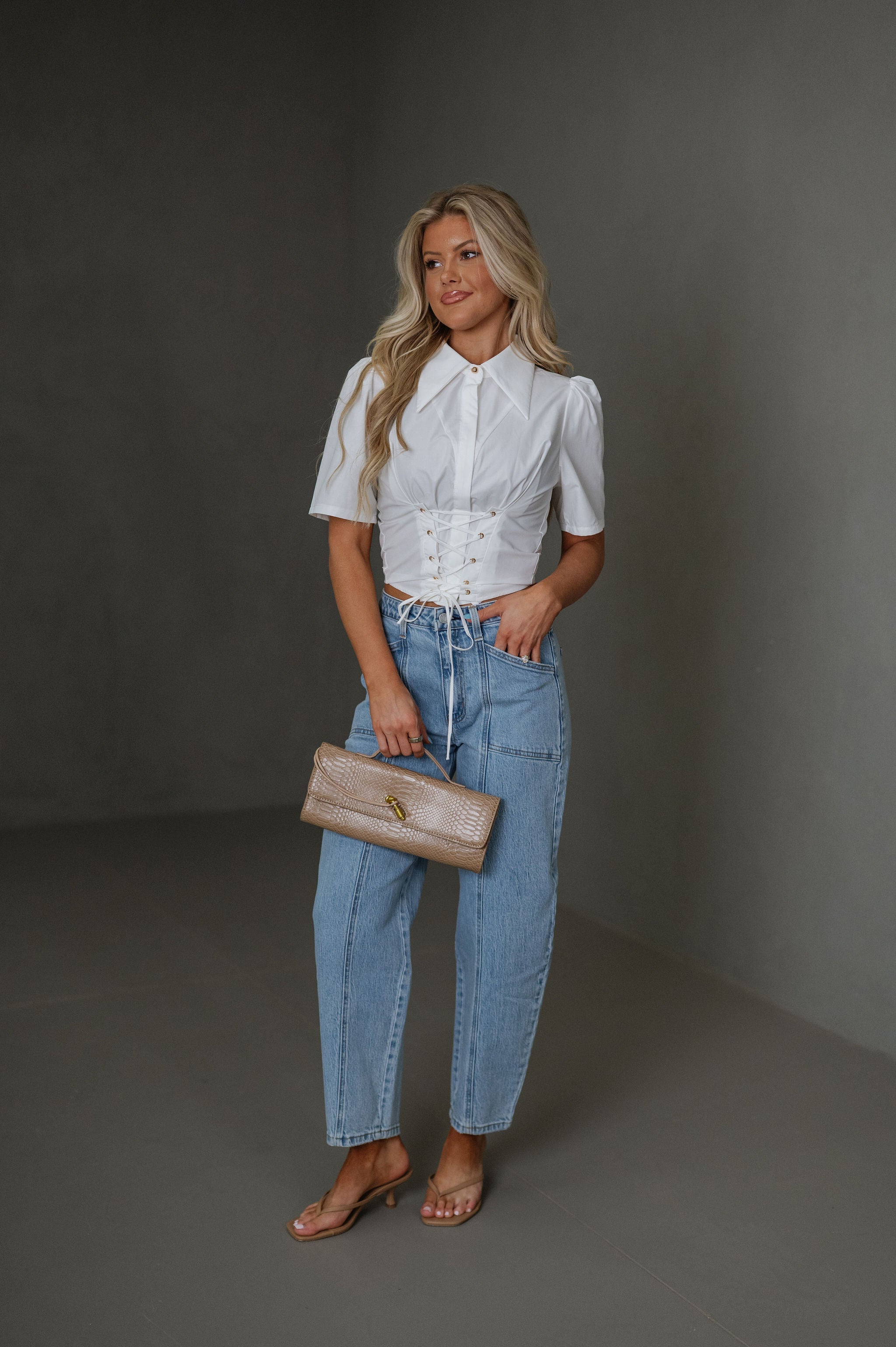 Woven Puff Sleeve Top-White