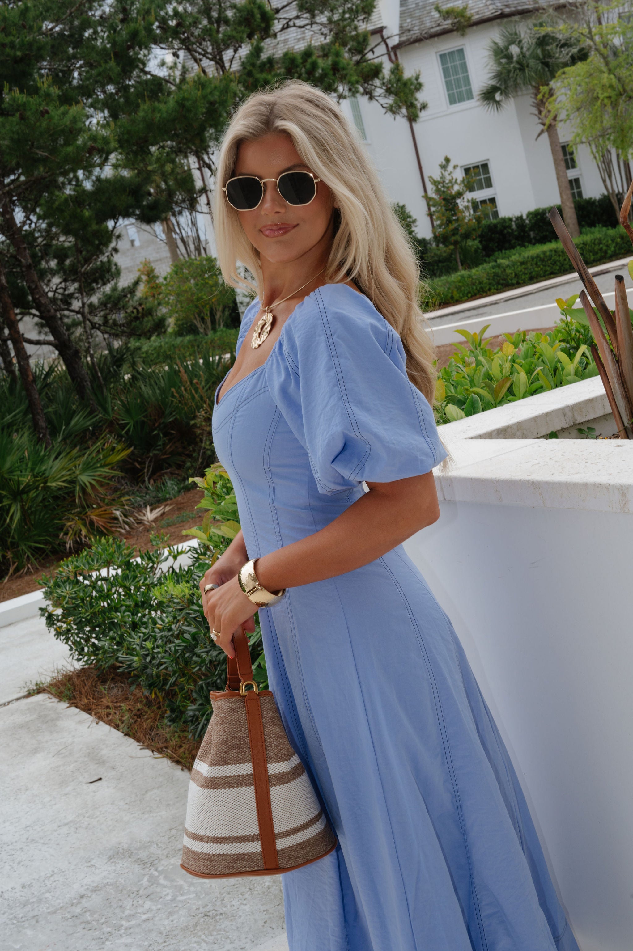 Everly Puff Sleeve Midi Dress-Blue