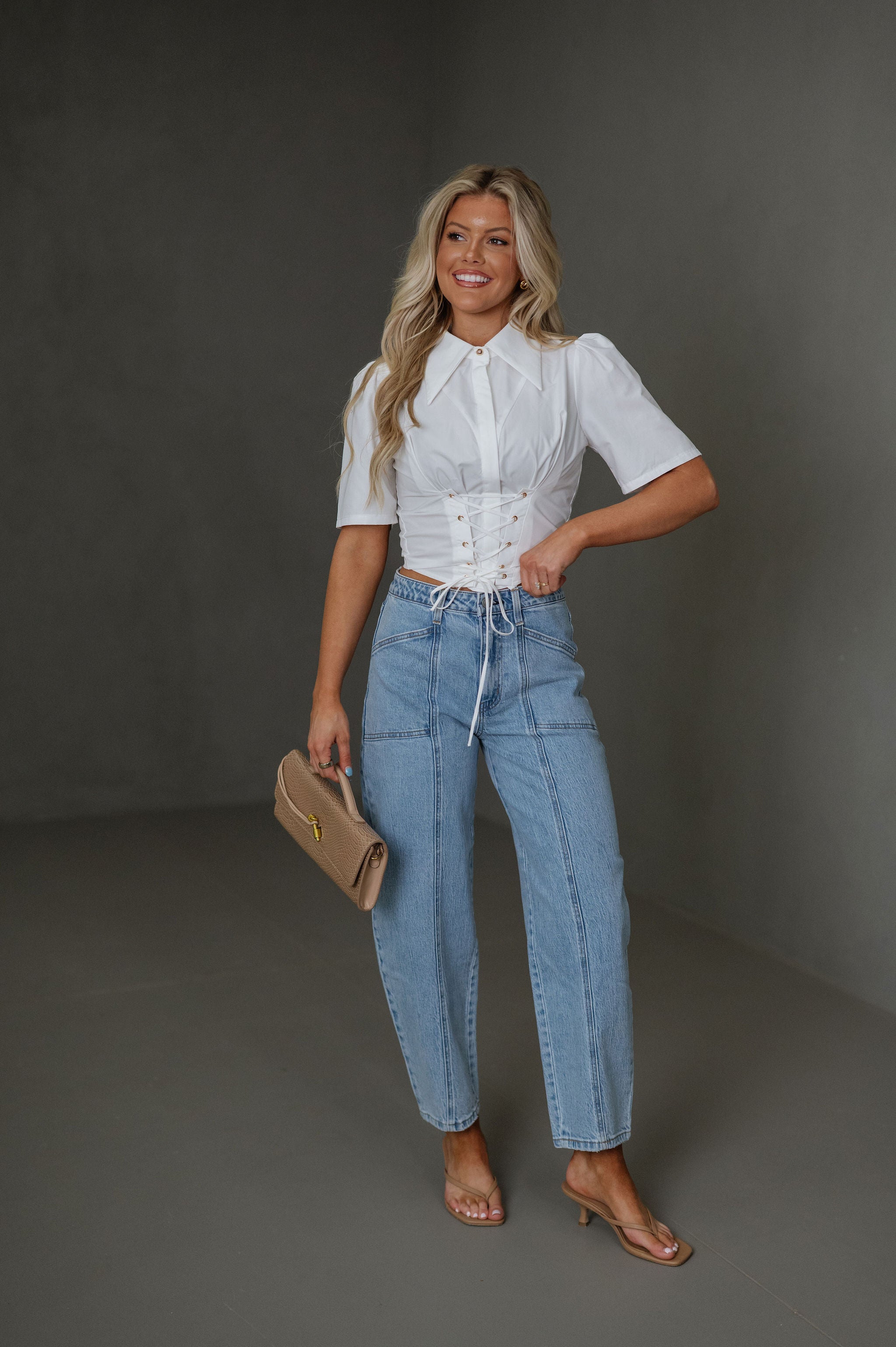 Woven Puff Sleeve Top-White