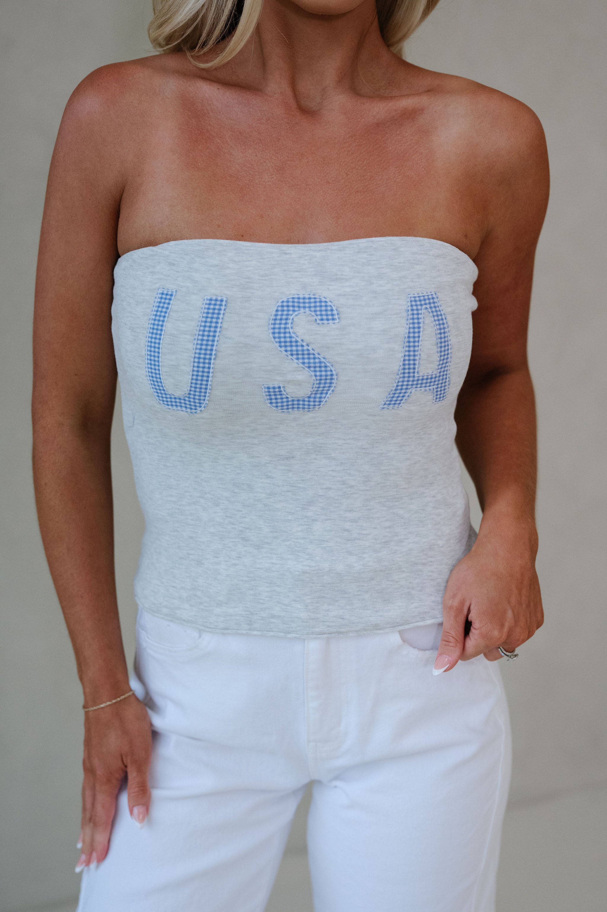 Gingham "USA" Top-Light Grey