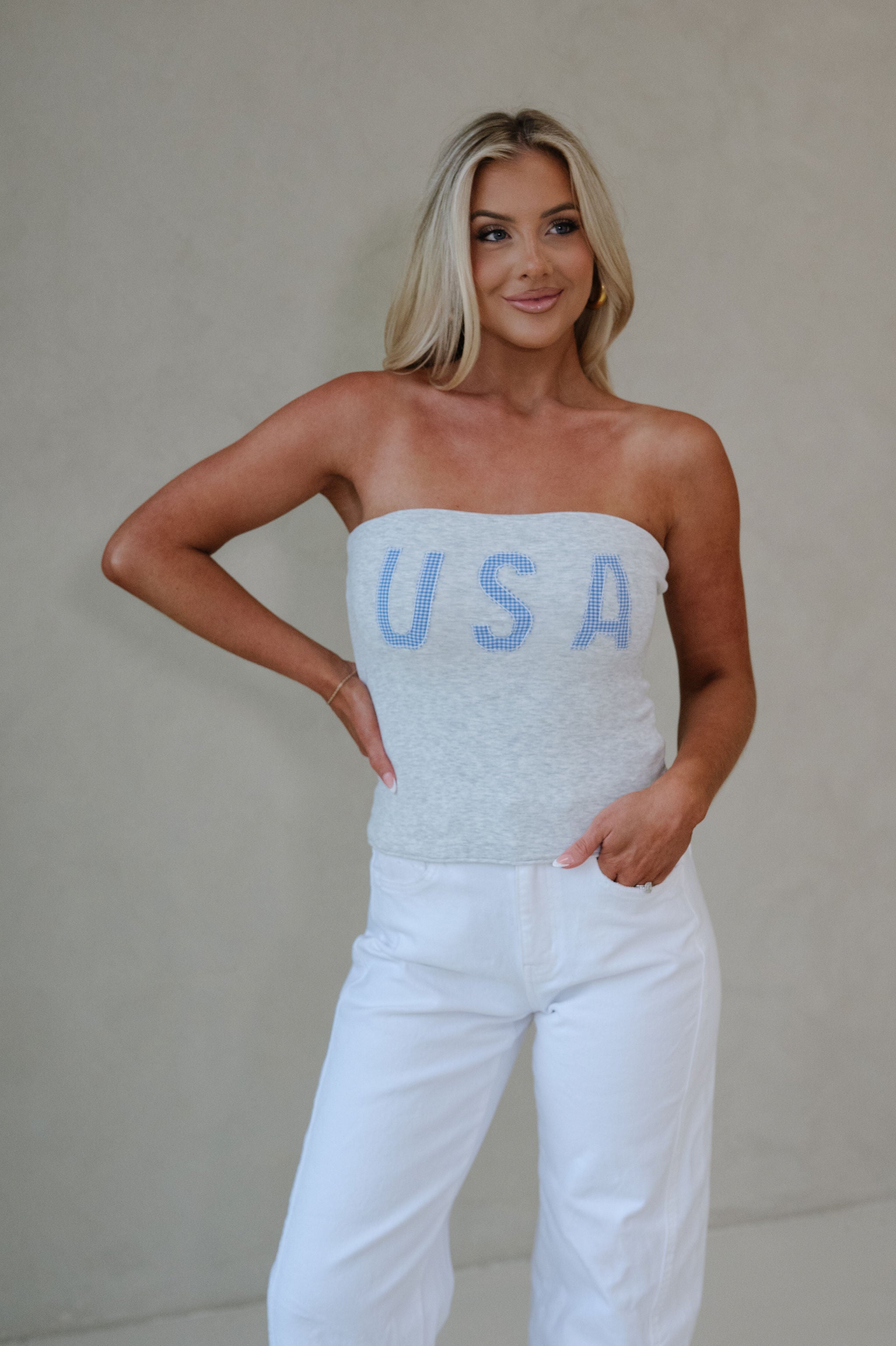 Gingham "USA" Top-Light Grey