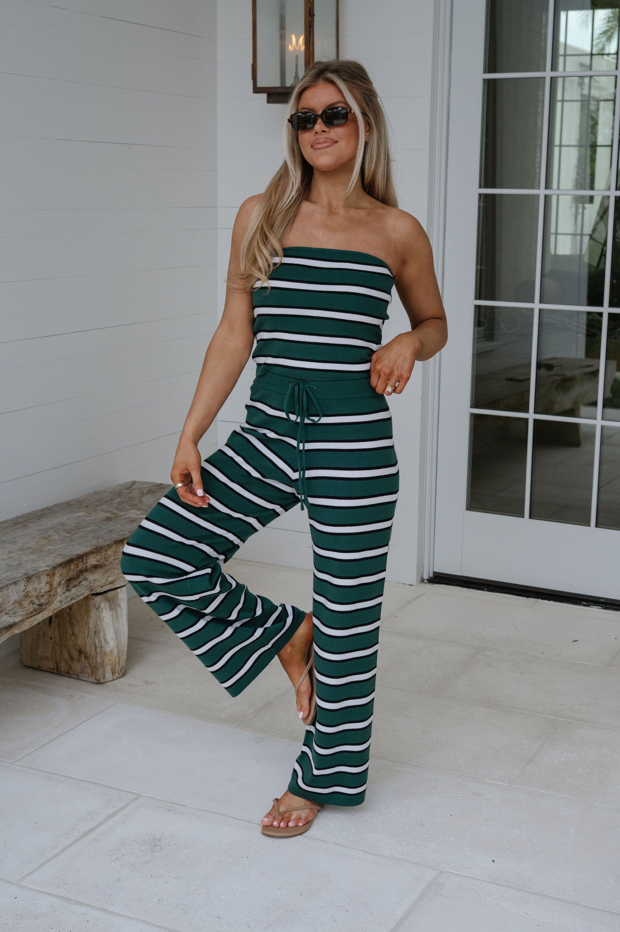 Marie Striped Pants Set-Green/White