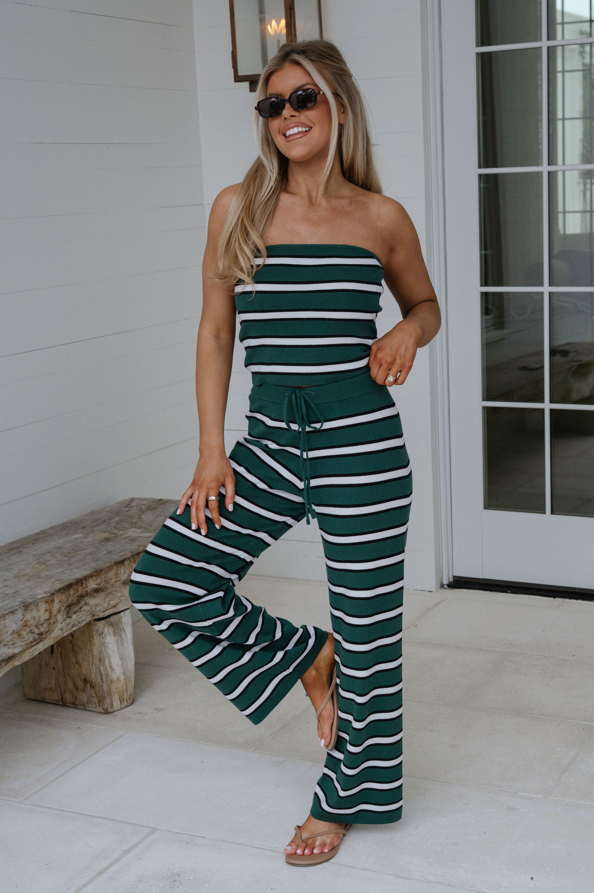 Marie Striped Pants Set-Green/White