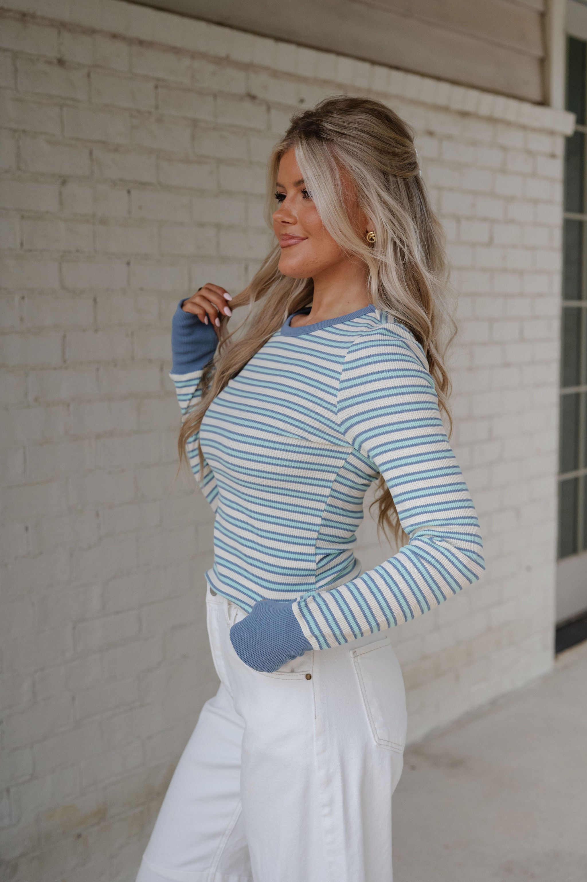 Casey Striped Top-Ivory/Light Blue