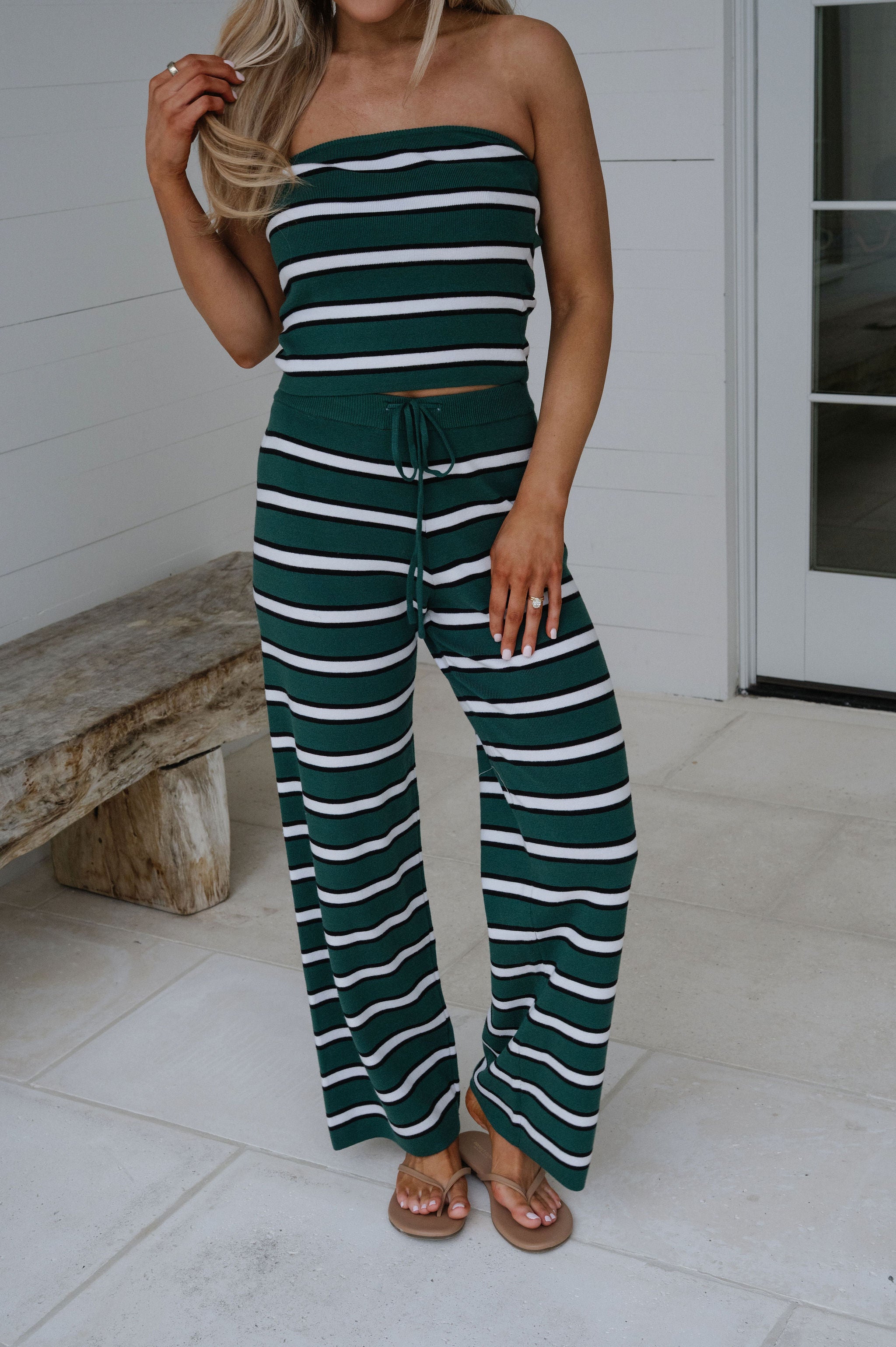 Marie Striped Pants Set-Green/White