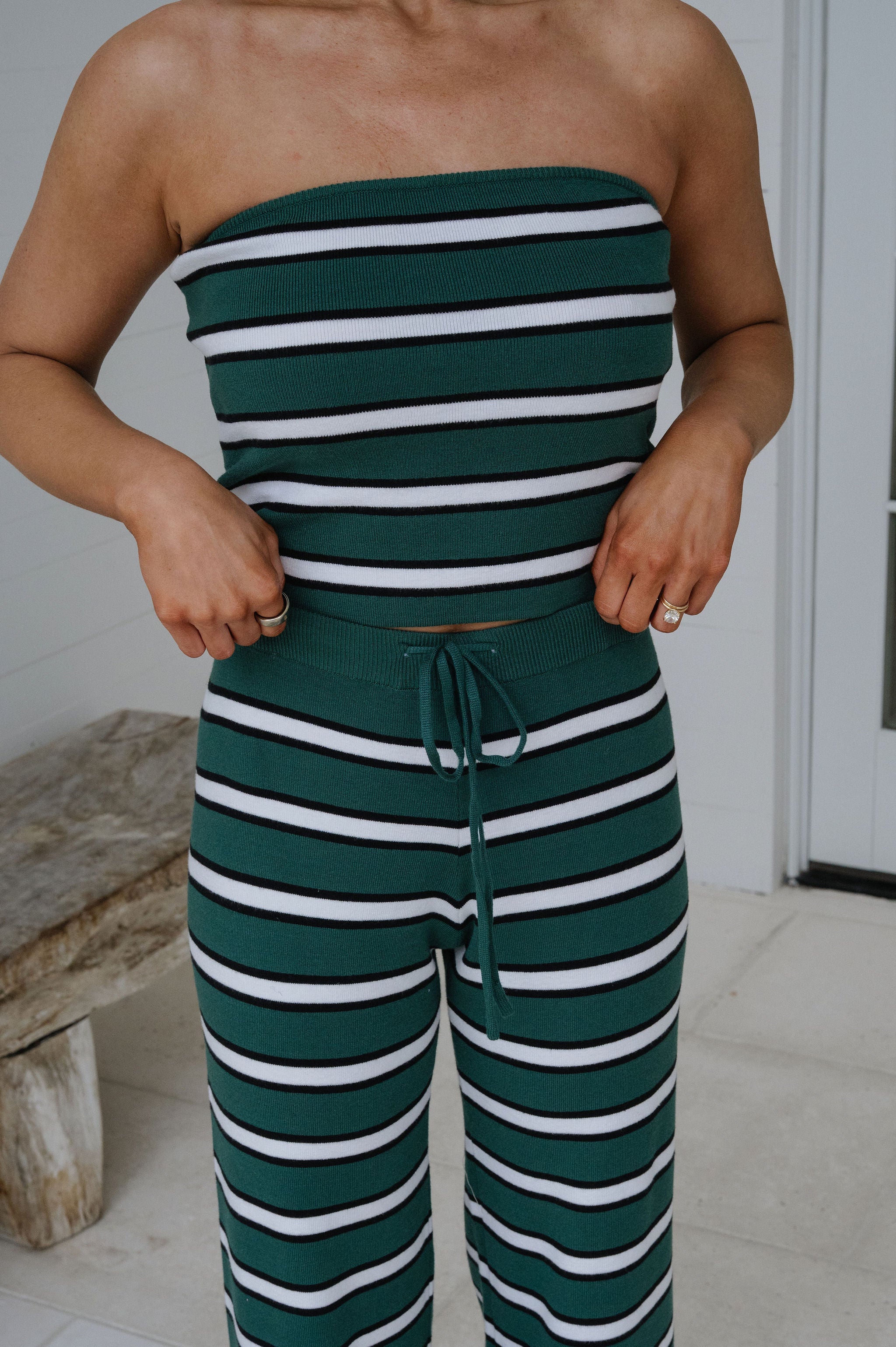 Marie Striped Pants Set-Green/White