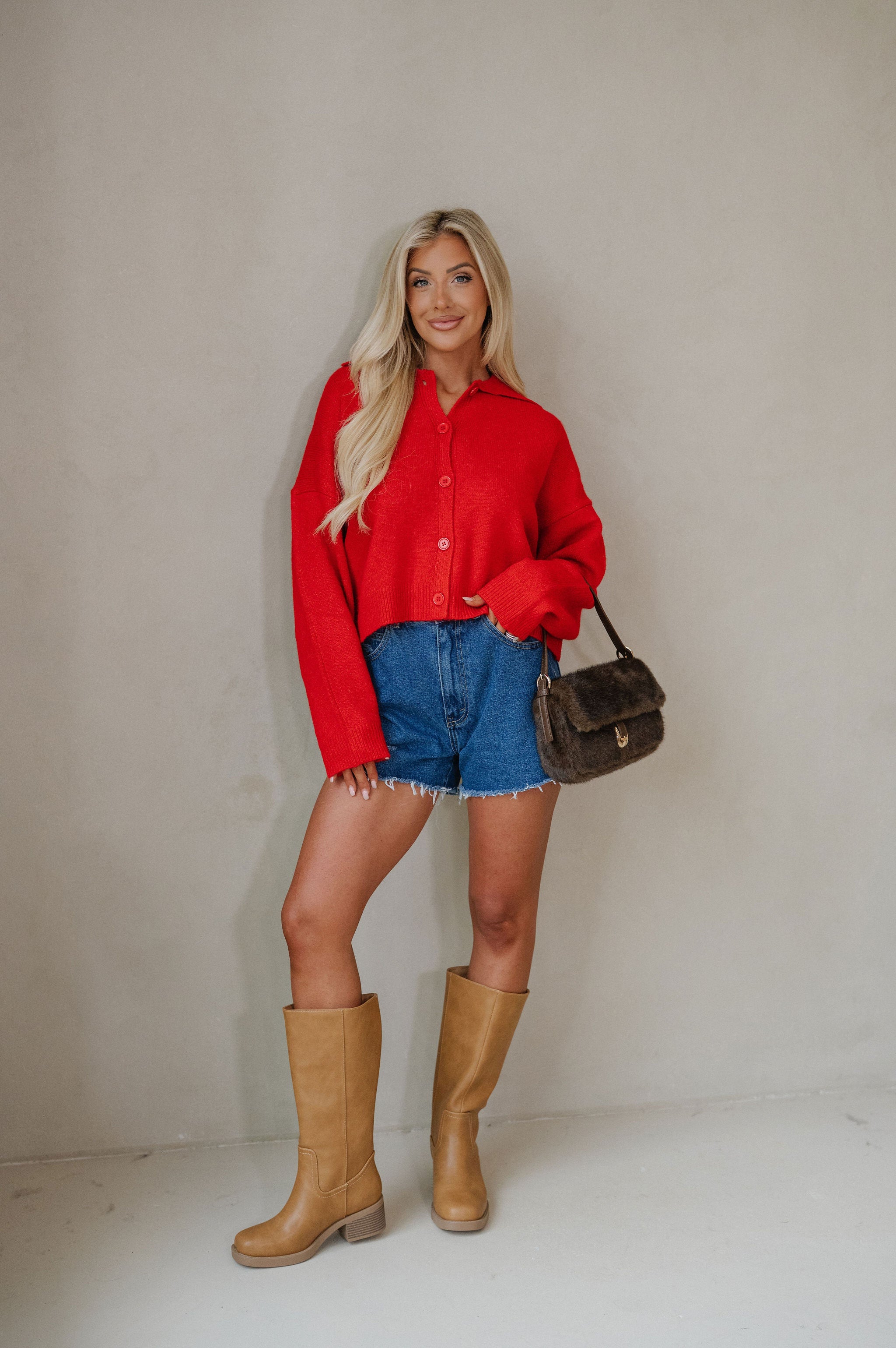 Avery Collared Cardigan-Red