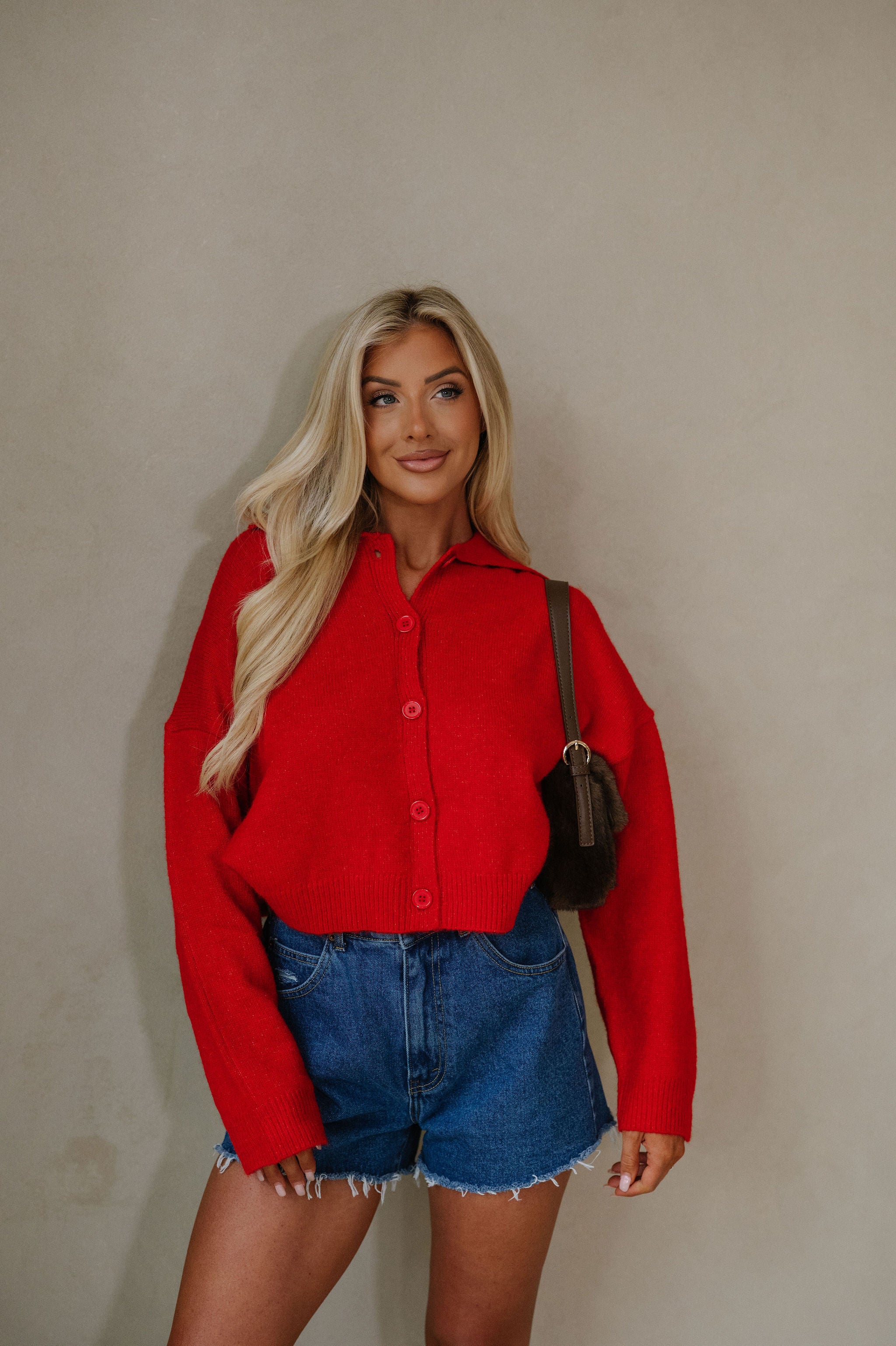 Avery Collared Cardigan-Red