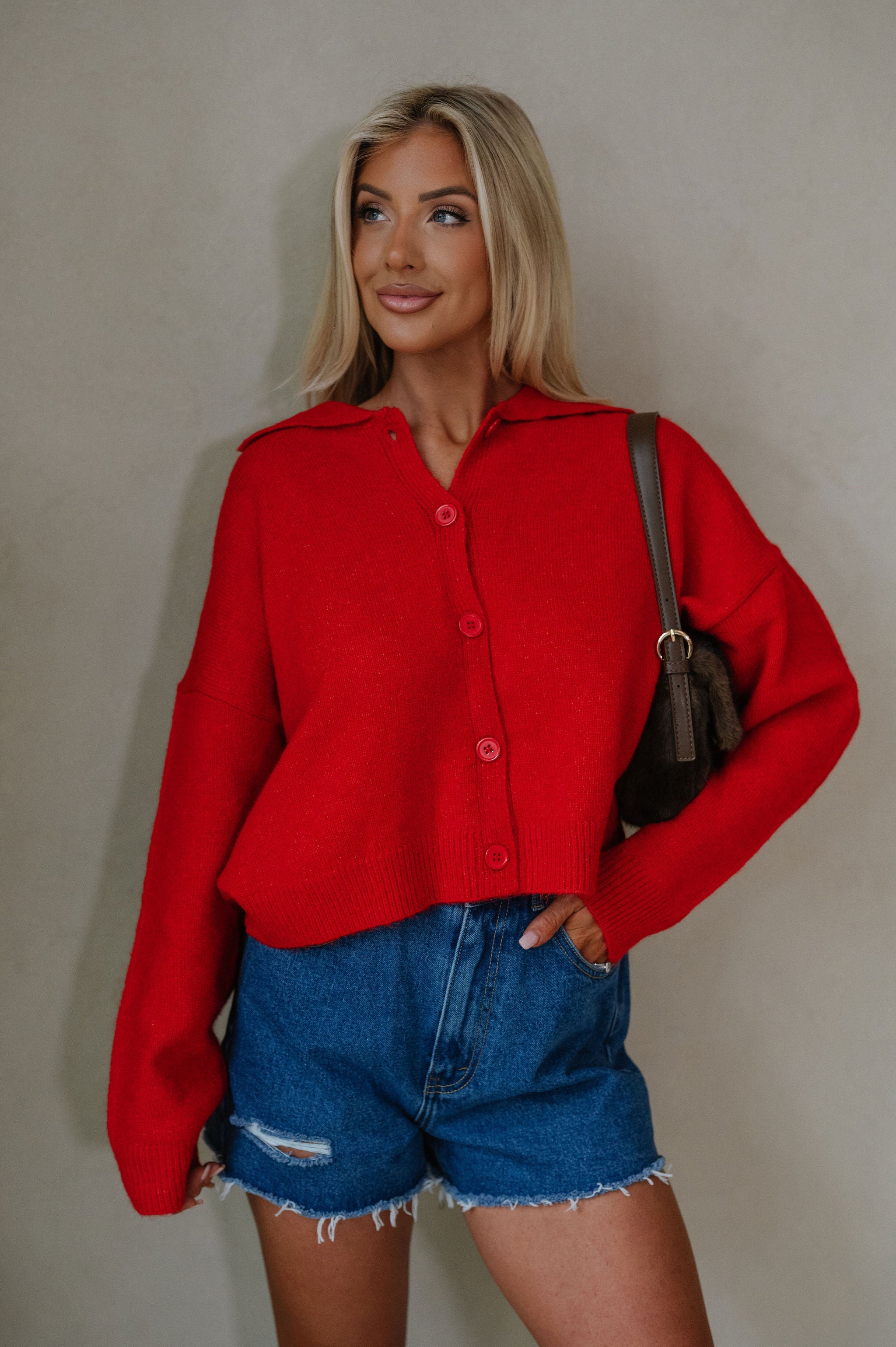 Avery Collared Cardigan-Red