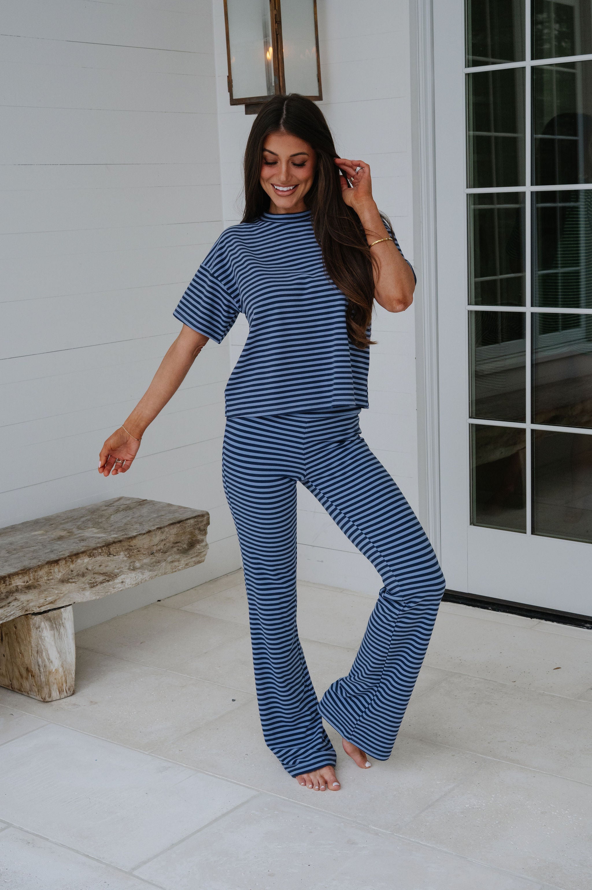 Dylan Striped Pants Set-Navy