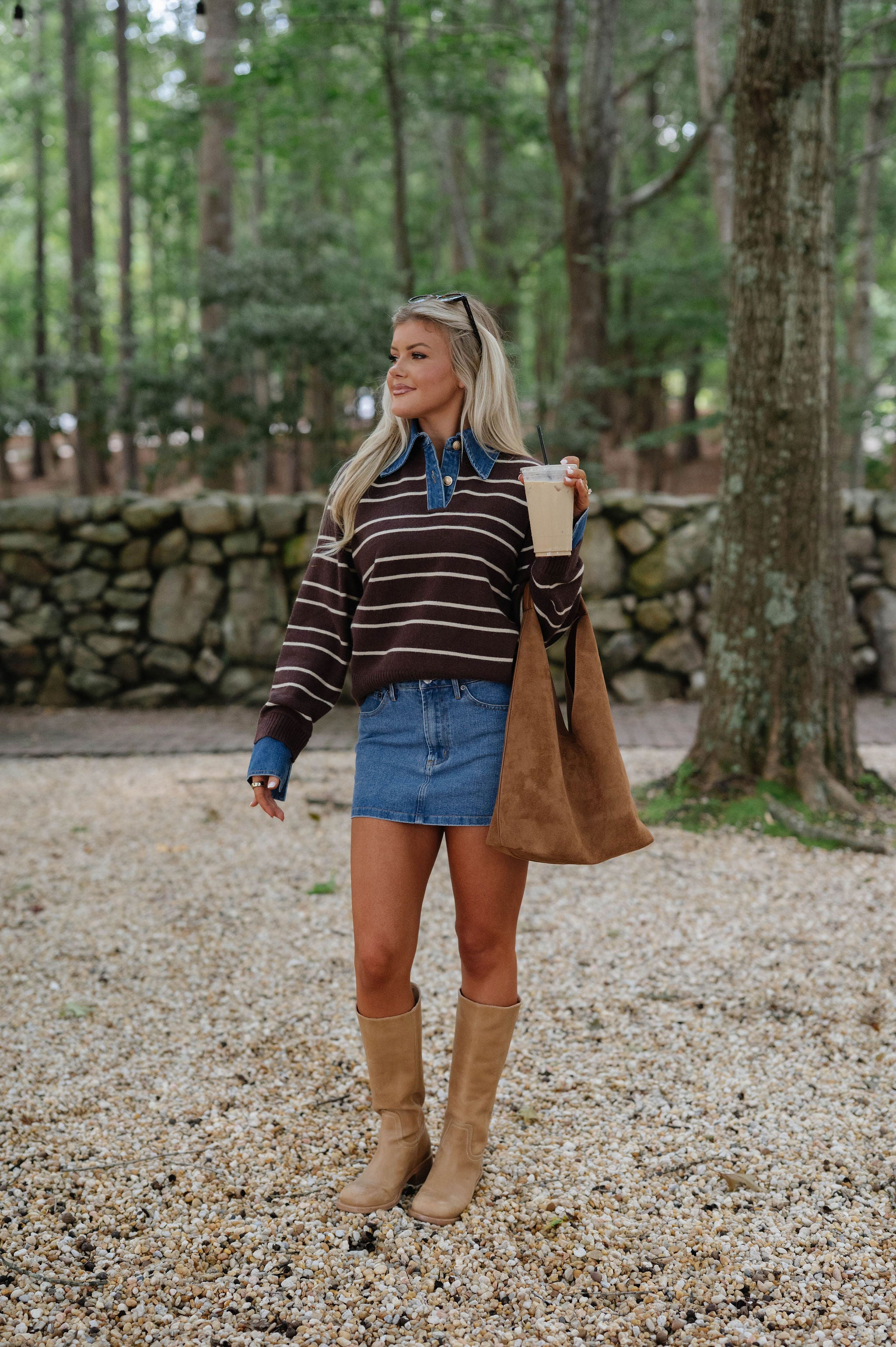 Charlie Stripe Denim Combo Sweater-Brown/Oatmeal