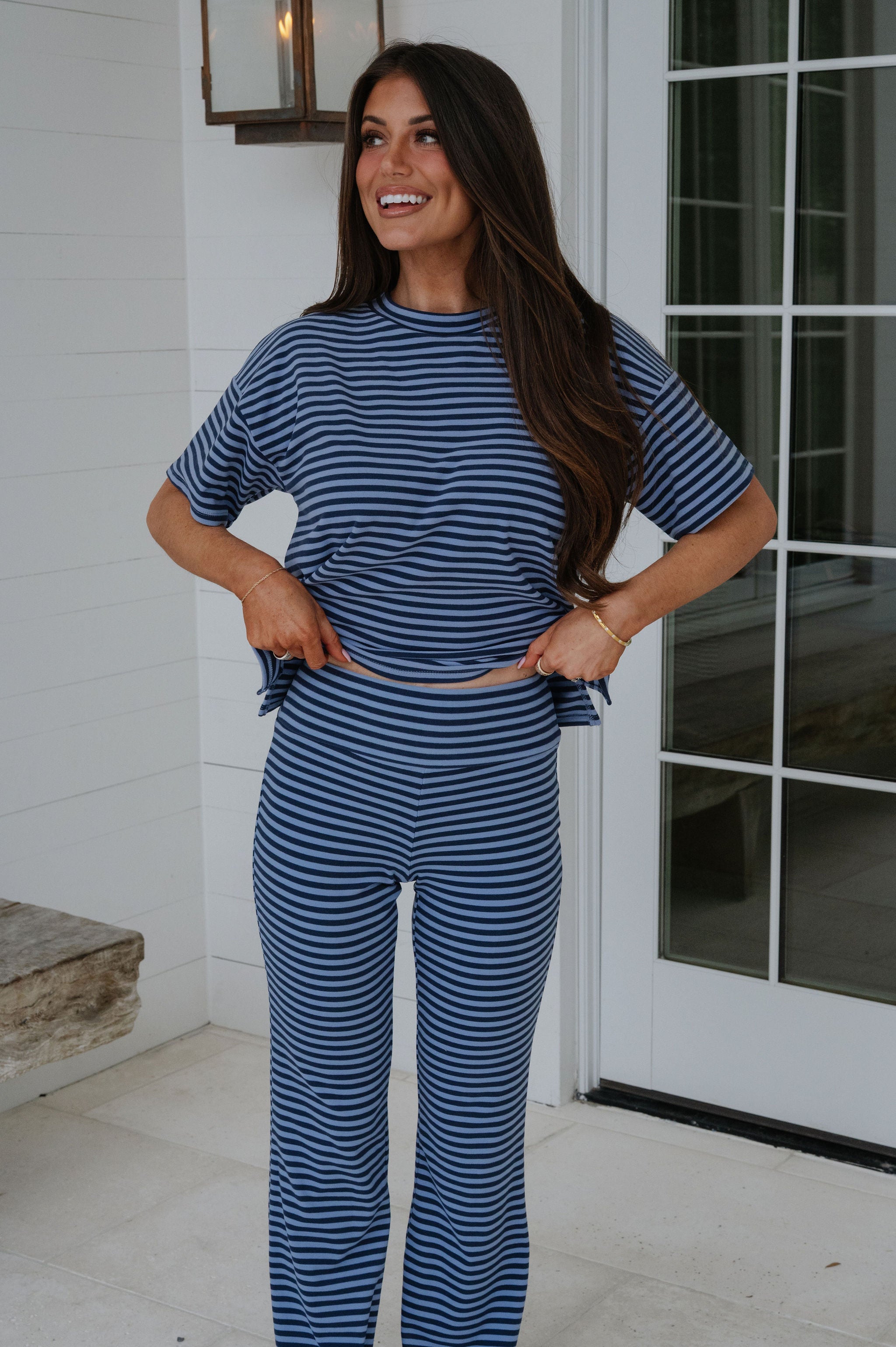 Dylan Striped Pants Set-Navy