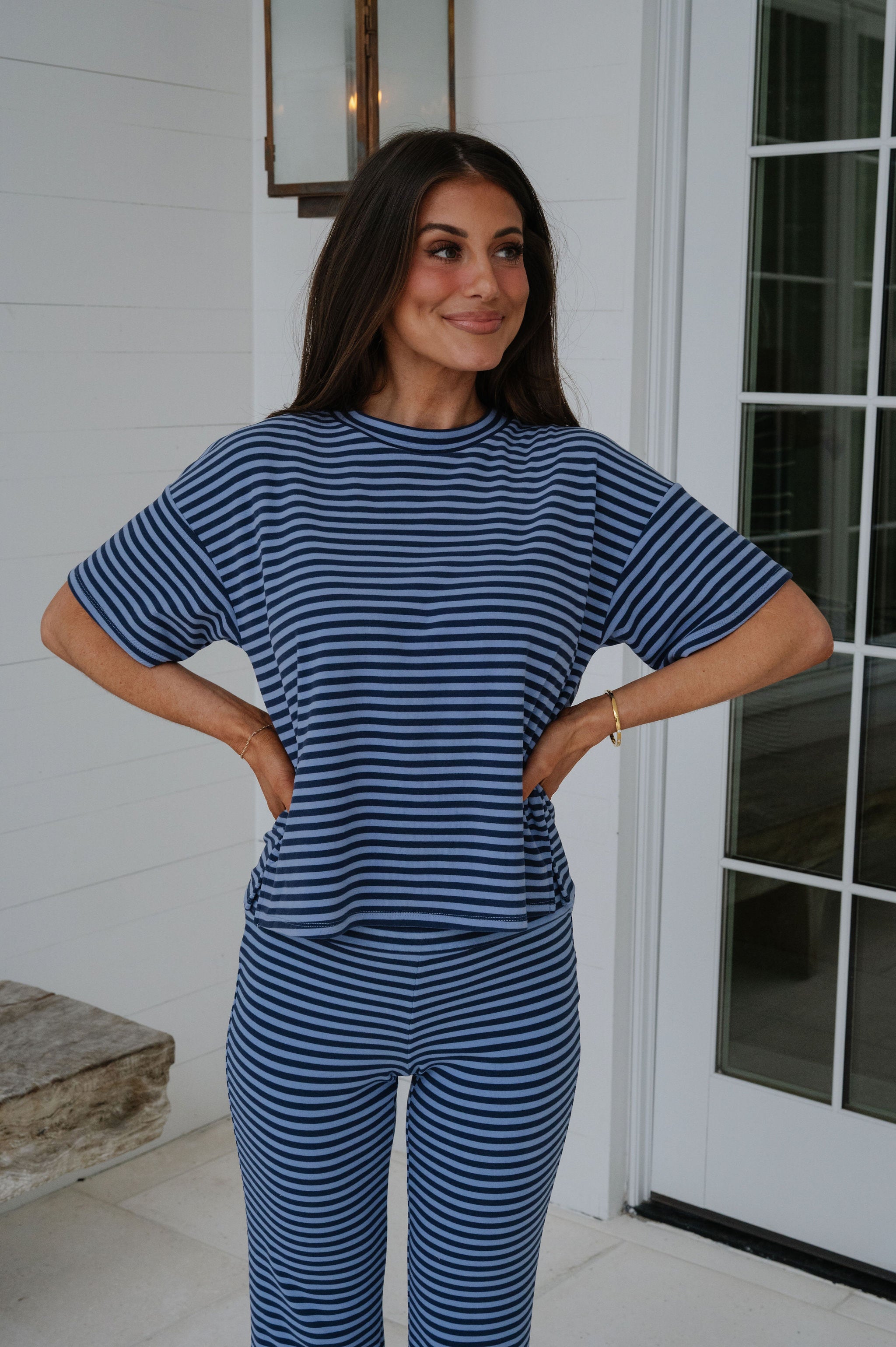Dylan Striped Pants Set-Navy