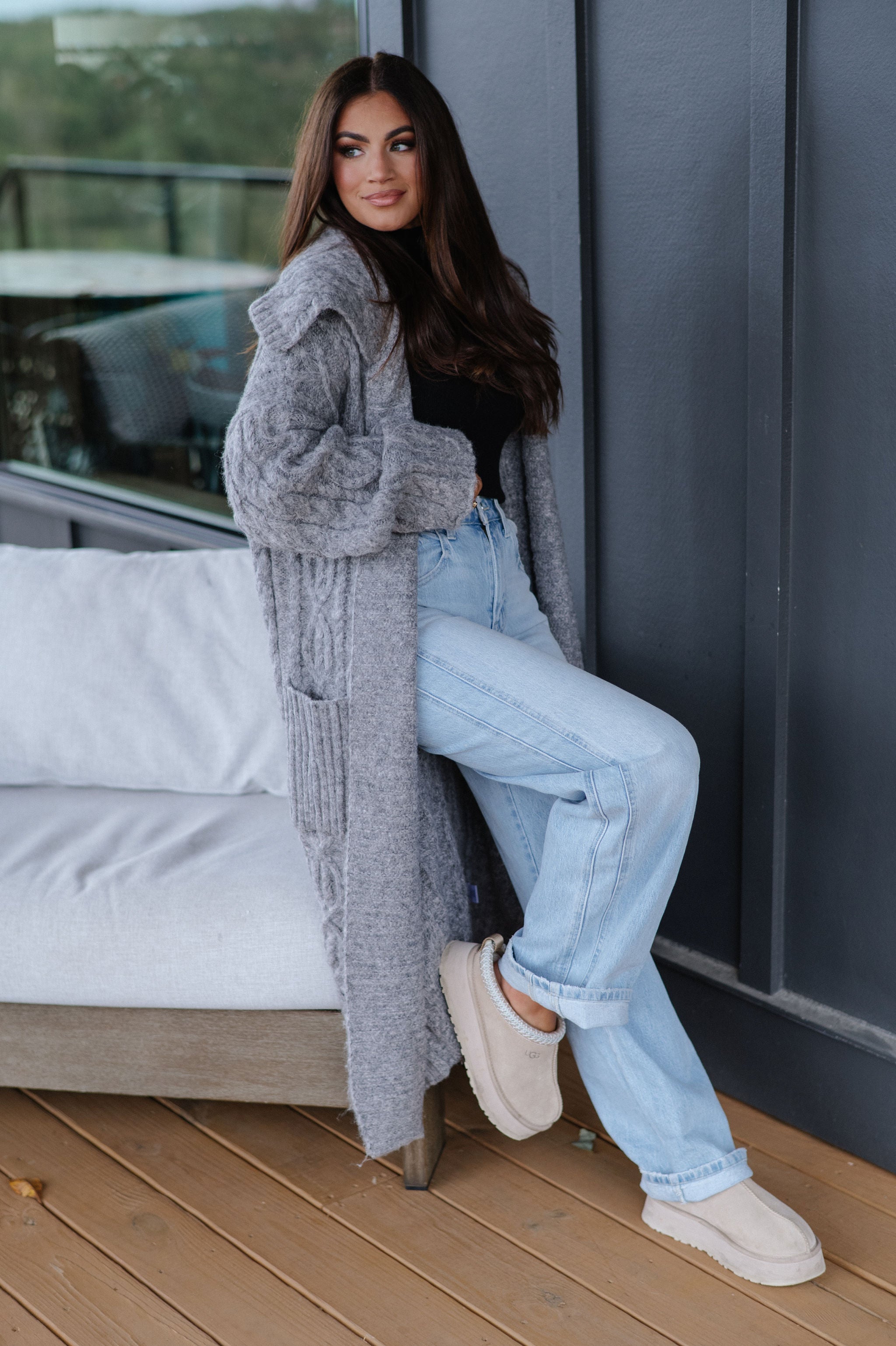 Chunky Knit Foldover Cardigan-Charcoal