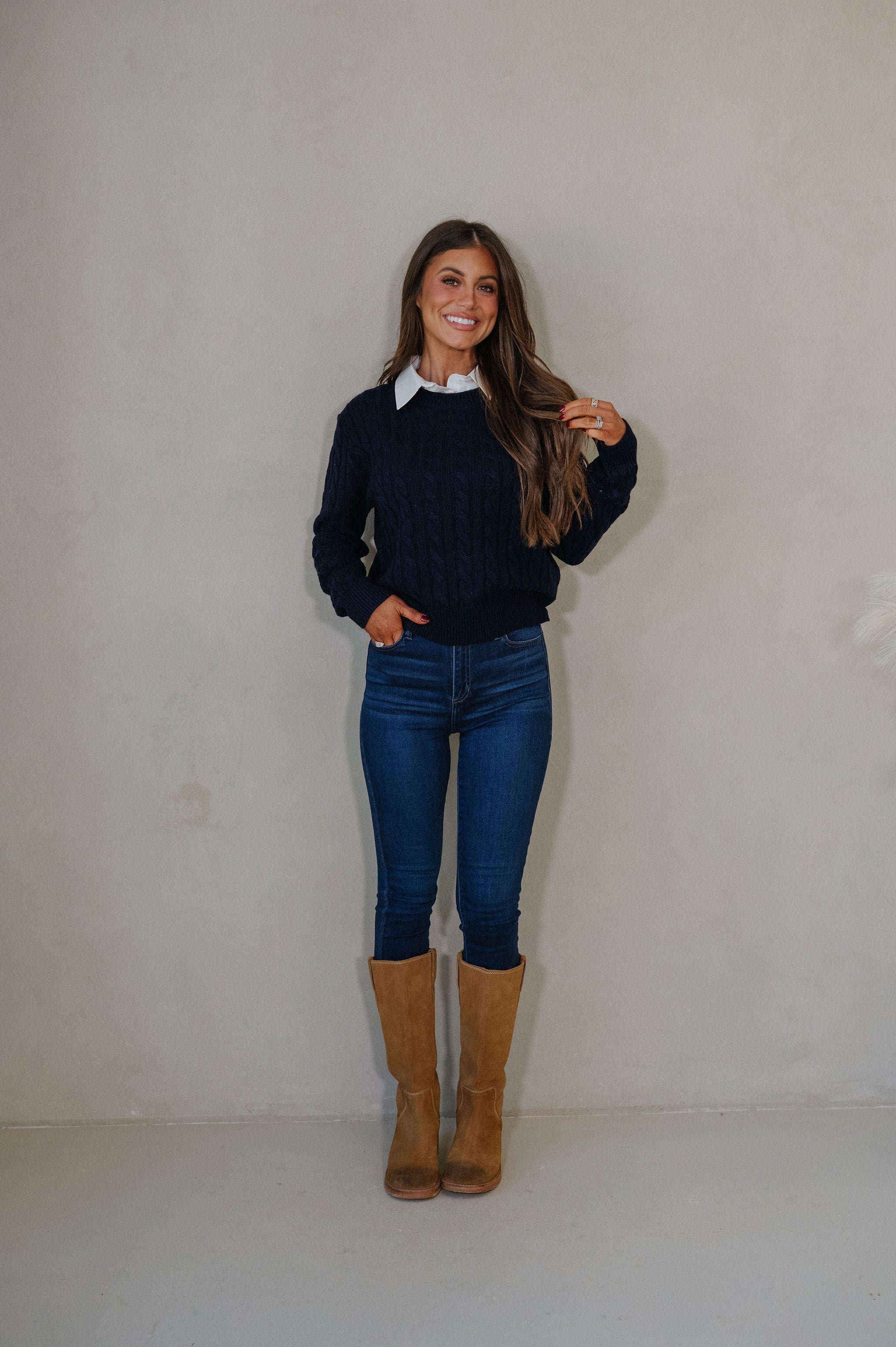Tessa Cable Knit Sweater-Navy