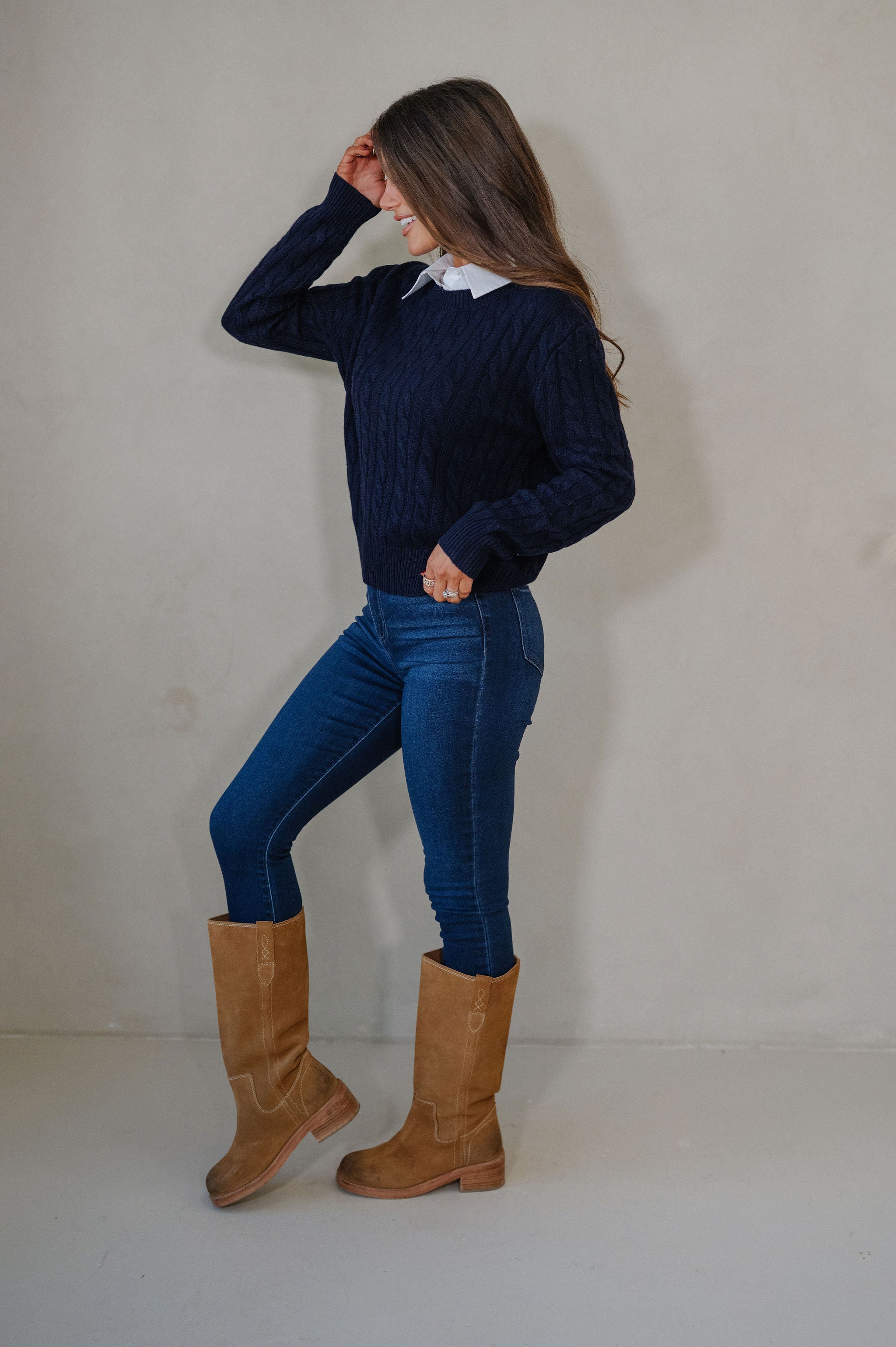 Tessa Cable Knit Sweater-Navy