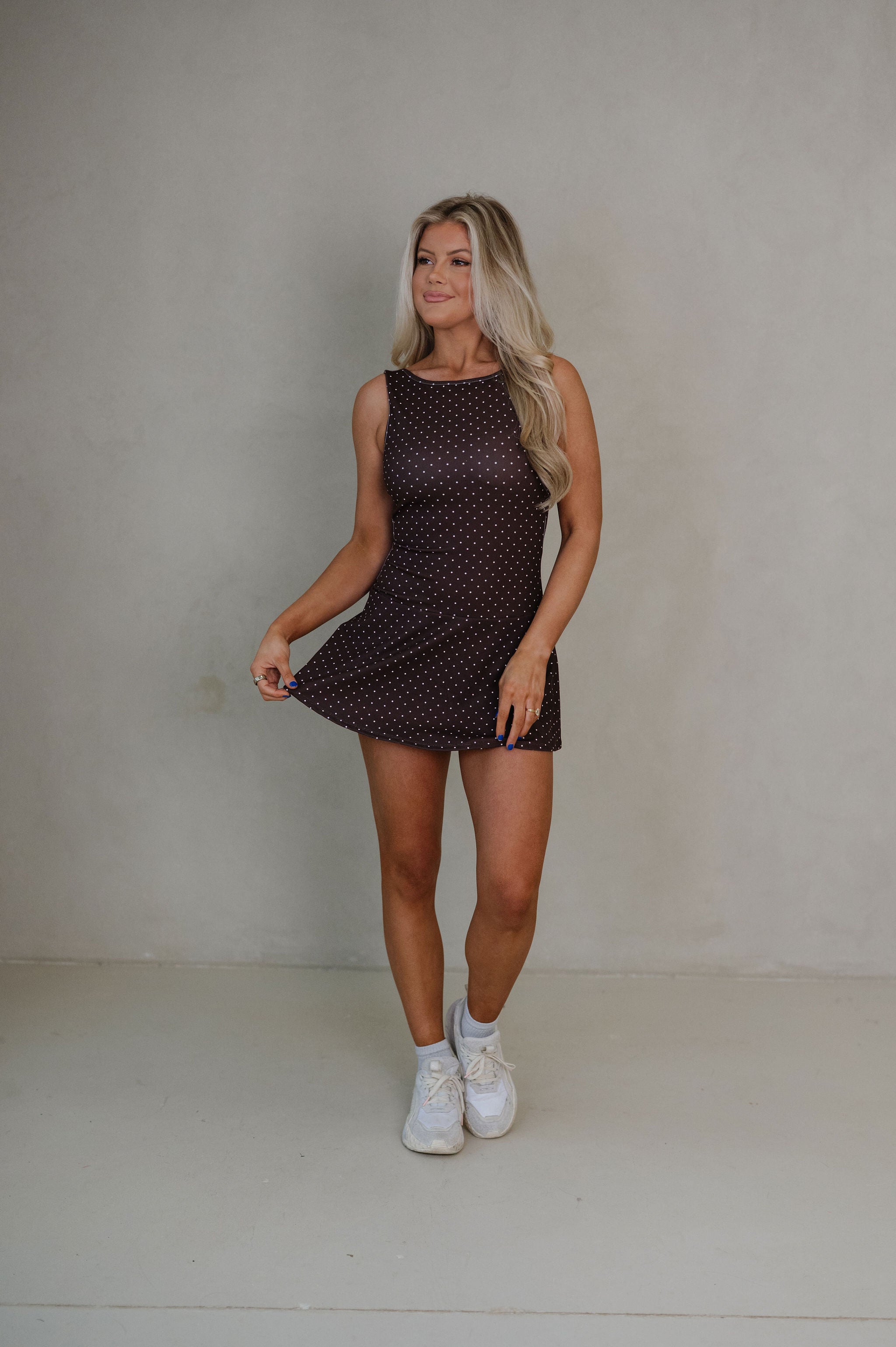 Polka Dot Athletic Mini Dress- Brown