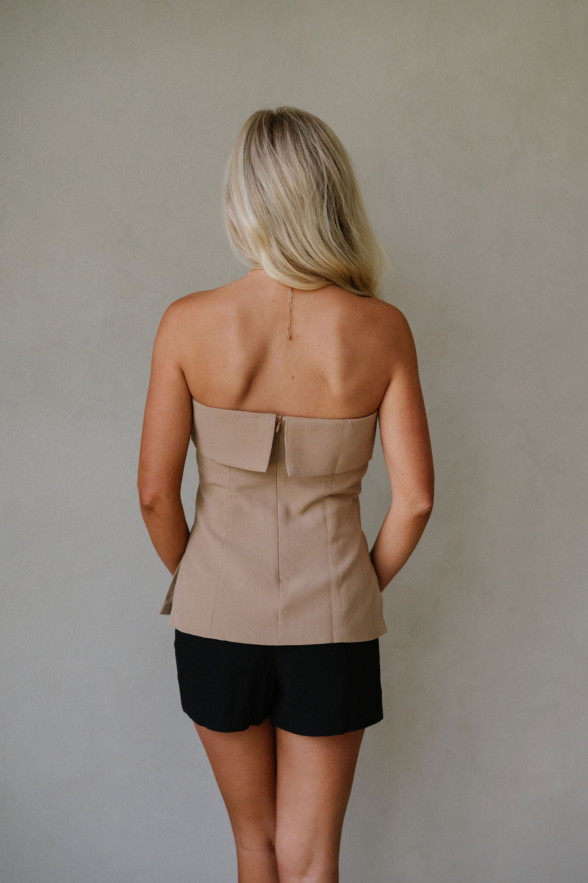 Strapless Foldover Tailored Top-Khaki