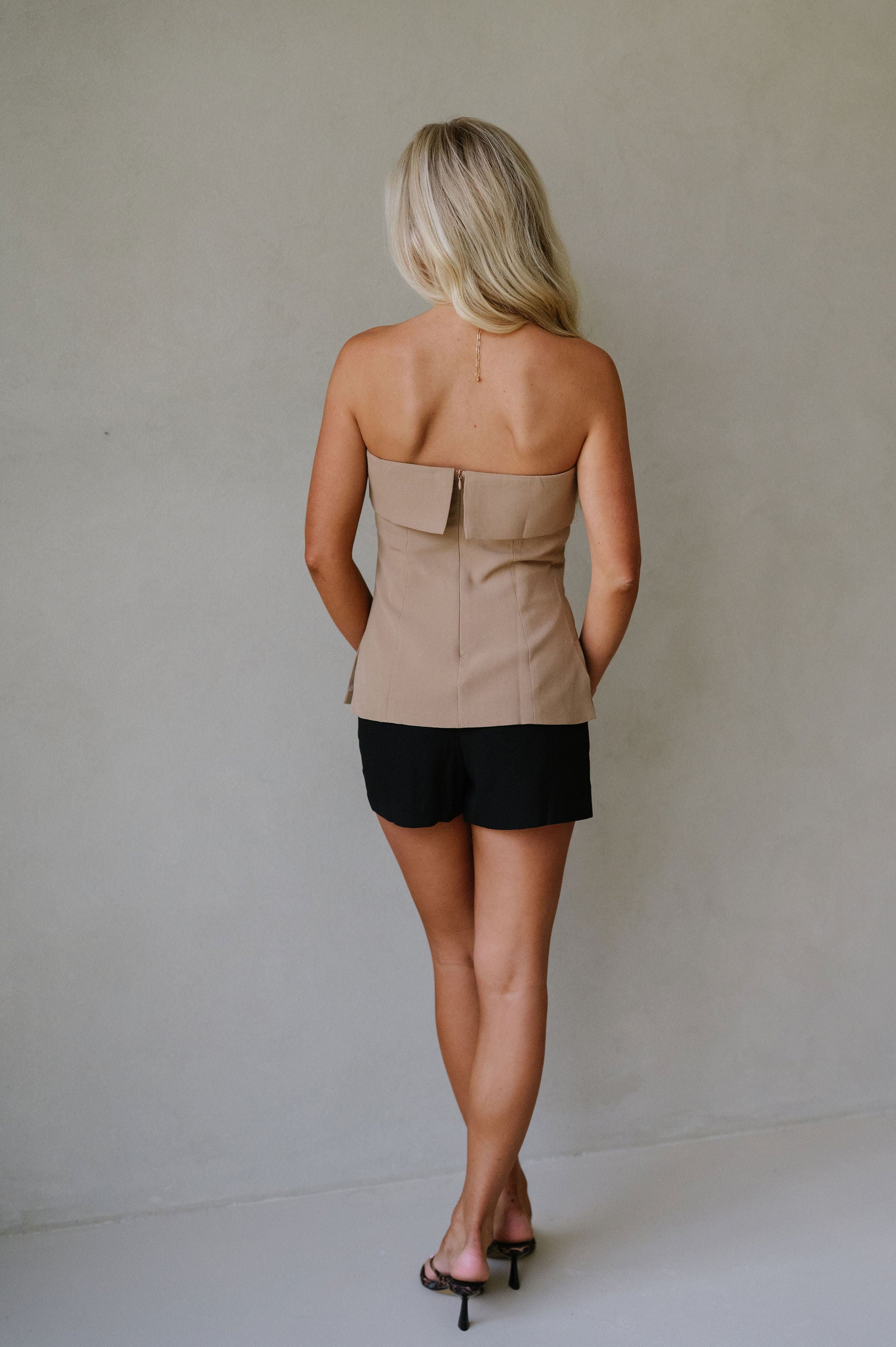 Strapless Foldover Tailored Top-Khaki