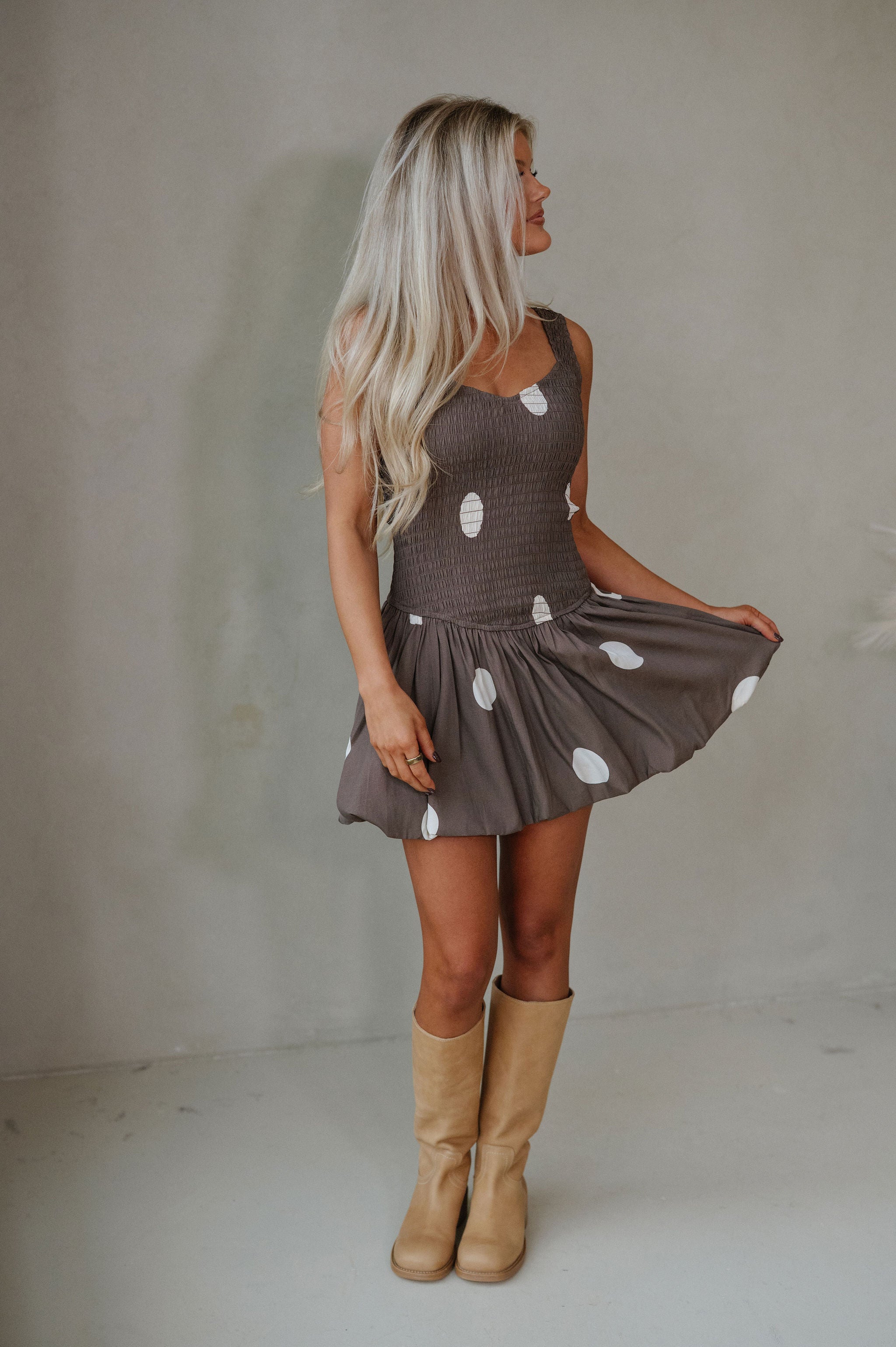 Polka Dot Smocked Mini Dress-Brown/Beige