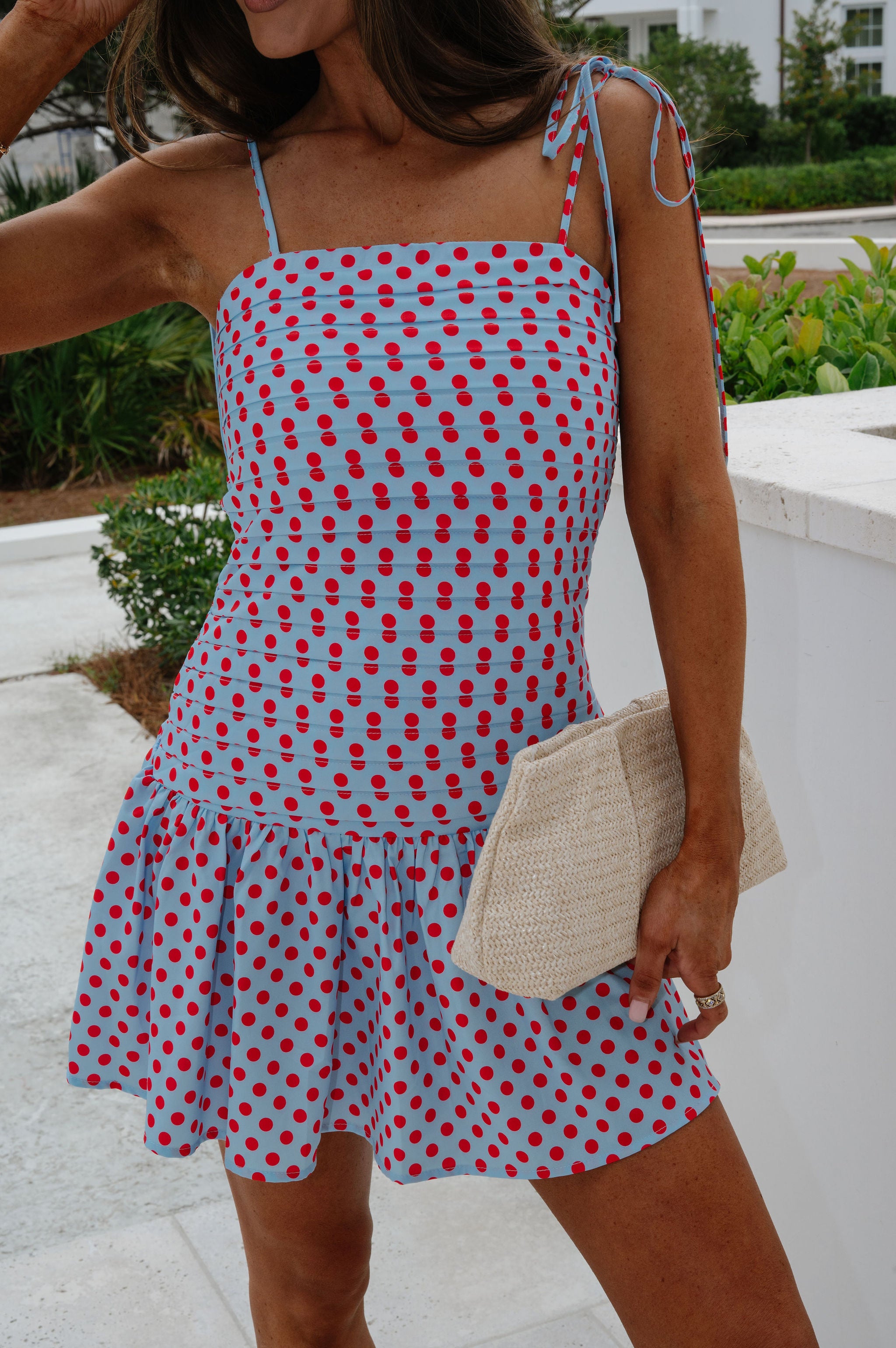 Polka Dot Pleated Mini Dress-Blue/Red