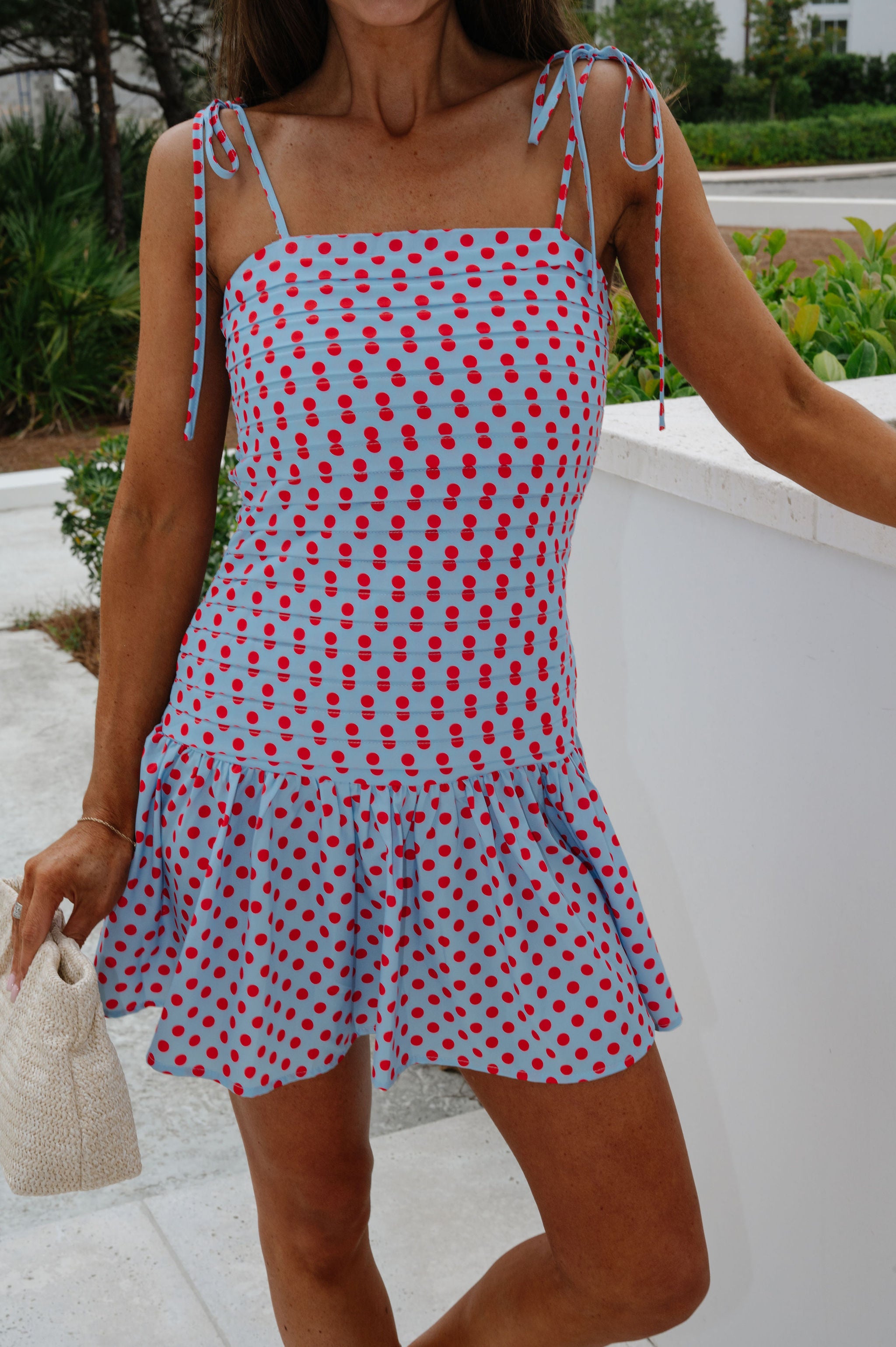 Polka Dot Pleated Mini Dress-Blue/Red