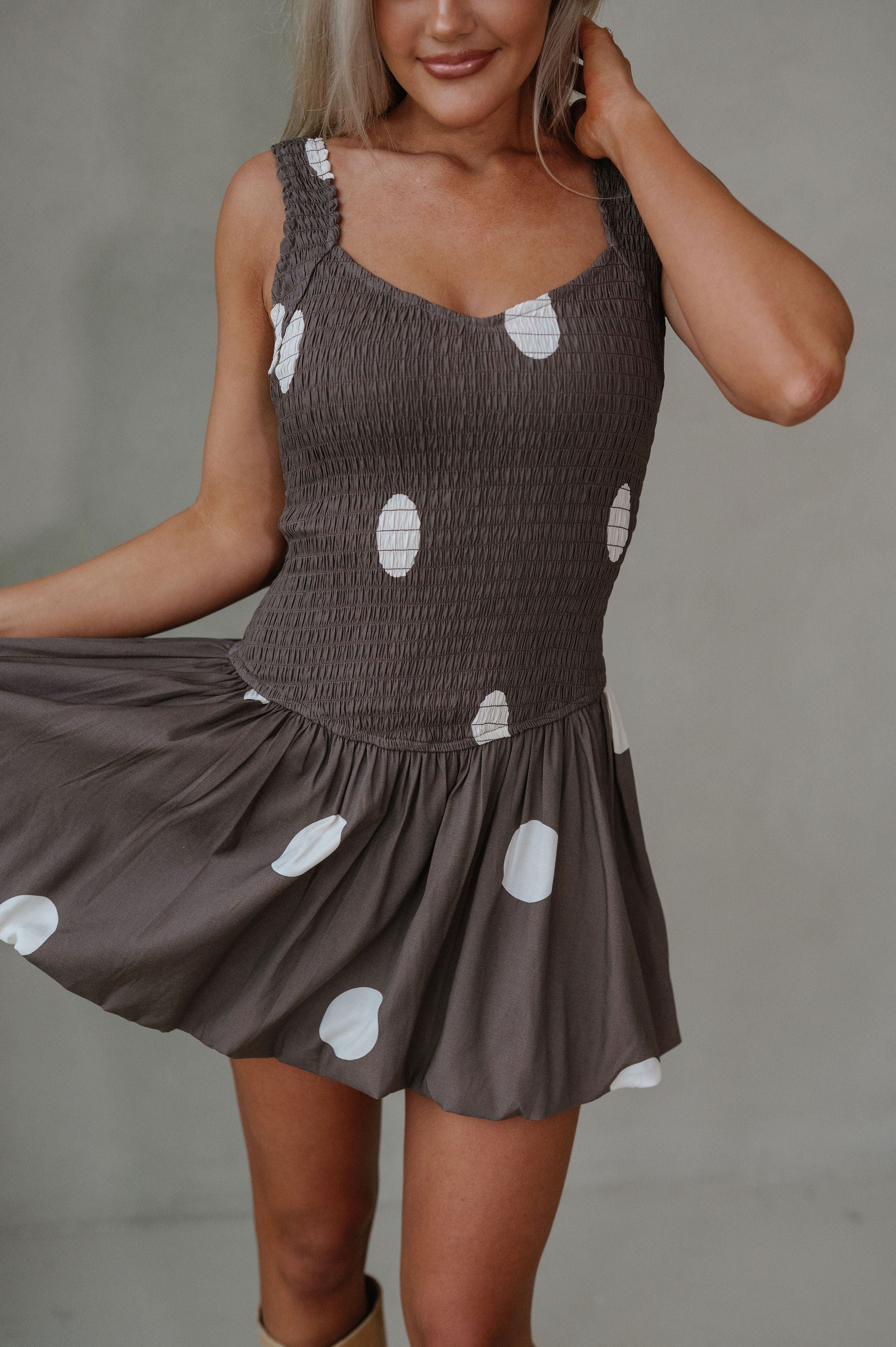 Polka Dot Smocked Mini Dress-Brown/Beige