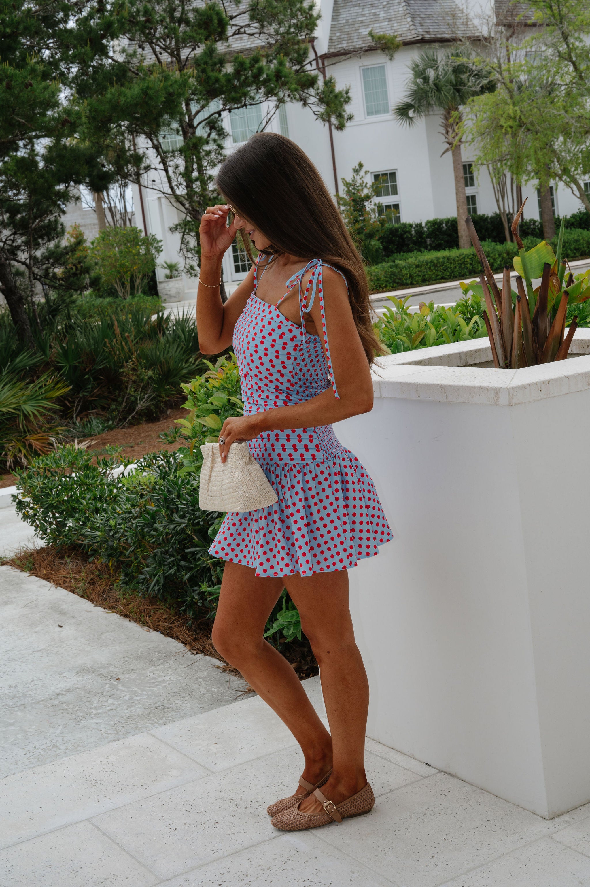 Polka Dot Pleated Mini Dress-Blue/Red