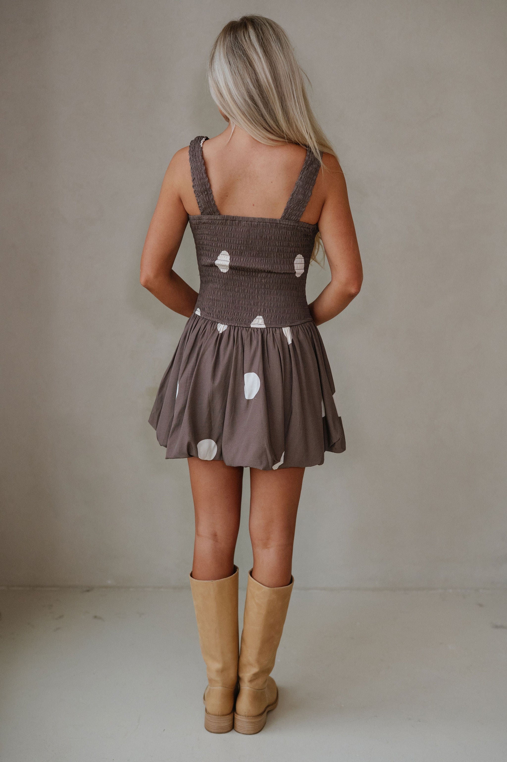 Polka Dot Smocked Mini Dress-Brown/Beige
