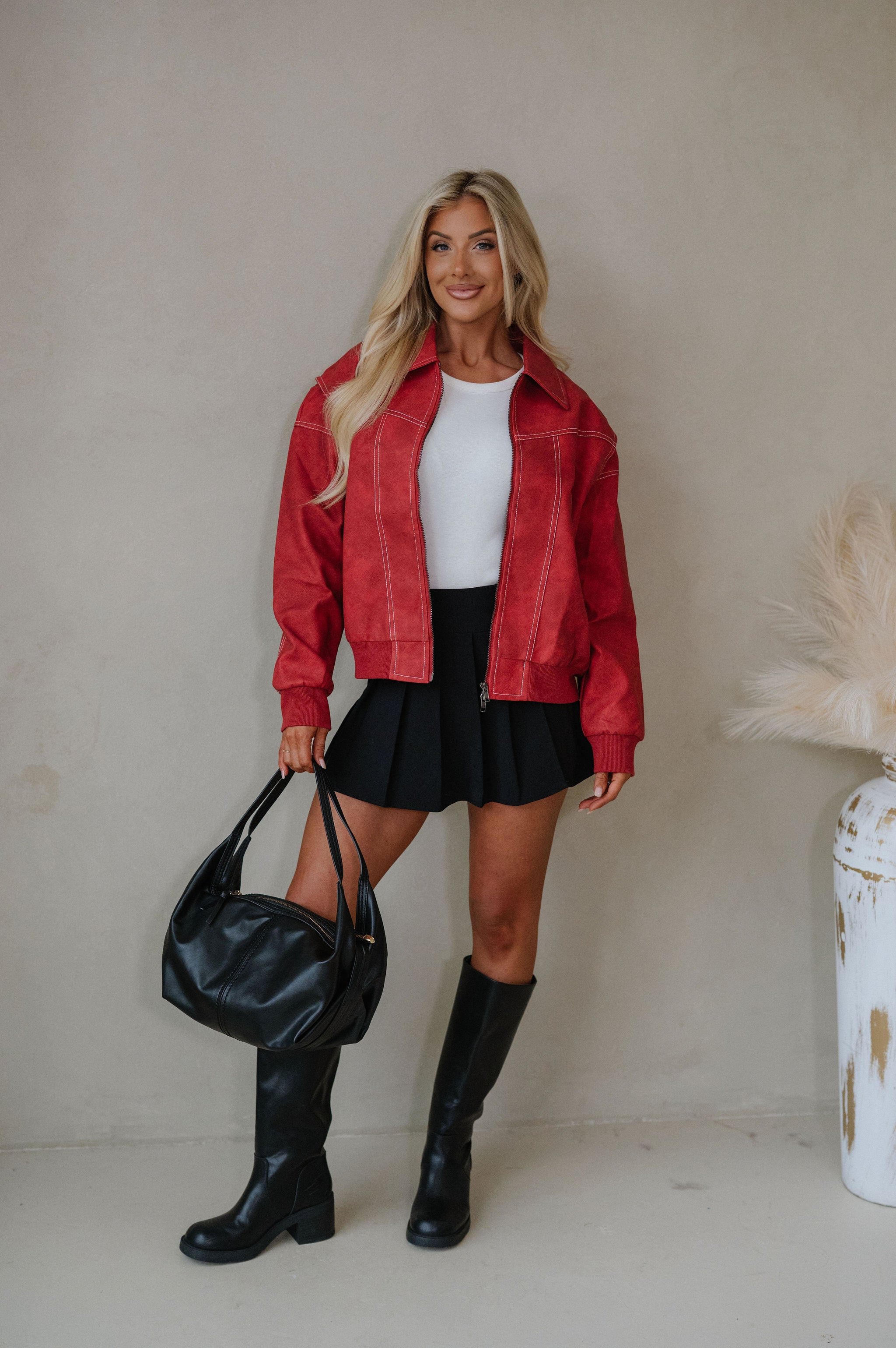 Lizzie Leather Bomber Jacket-Red