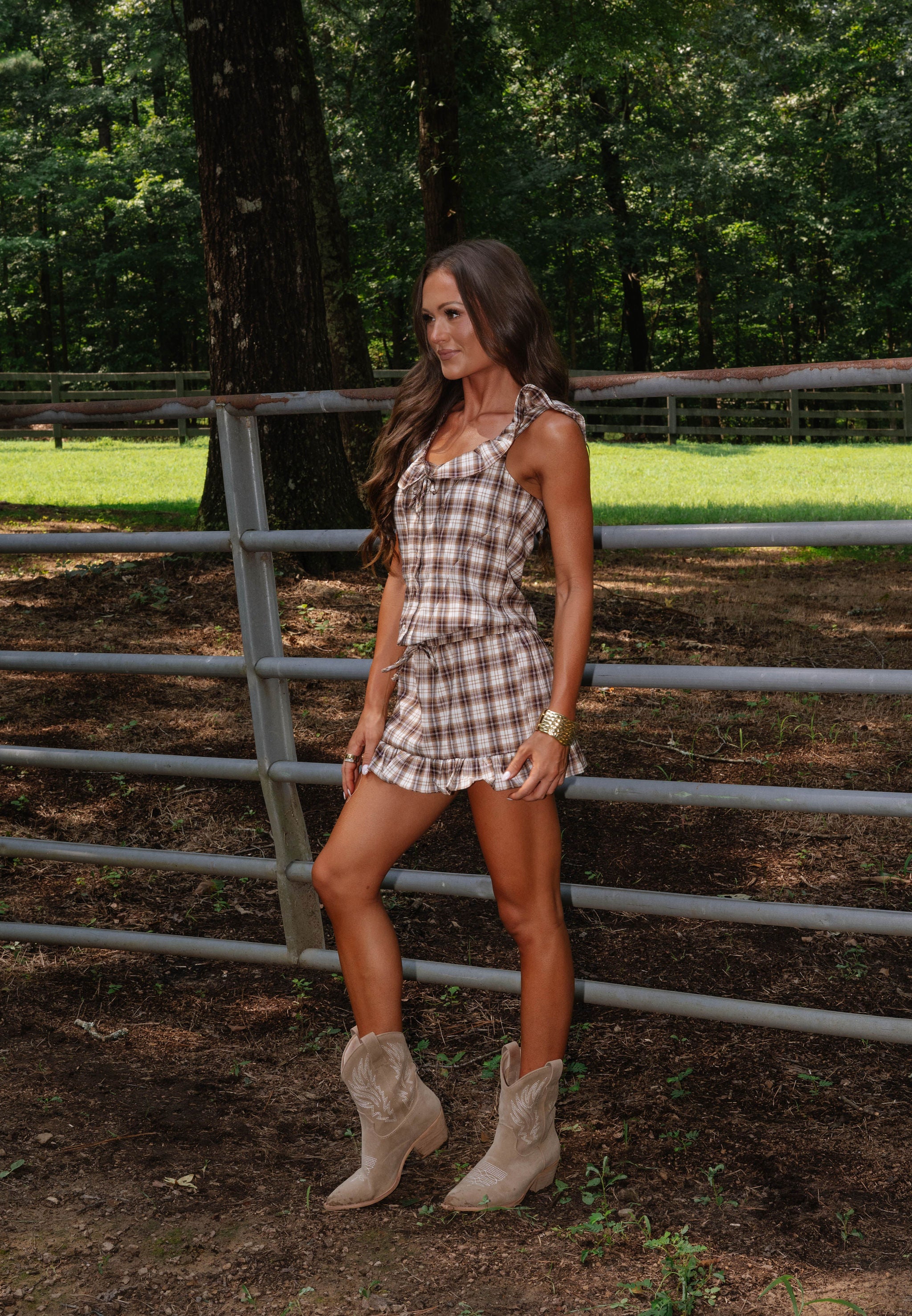 Chloe Plaid Ruffle Mini Skirt Set-Taupe