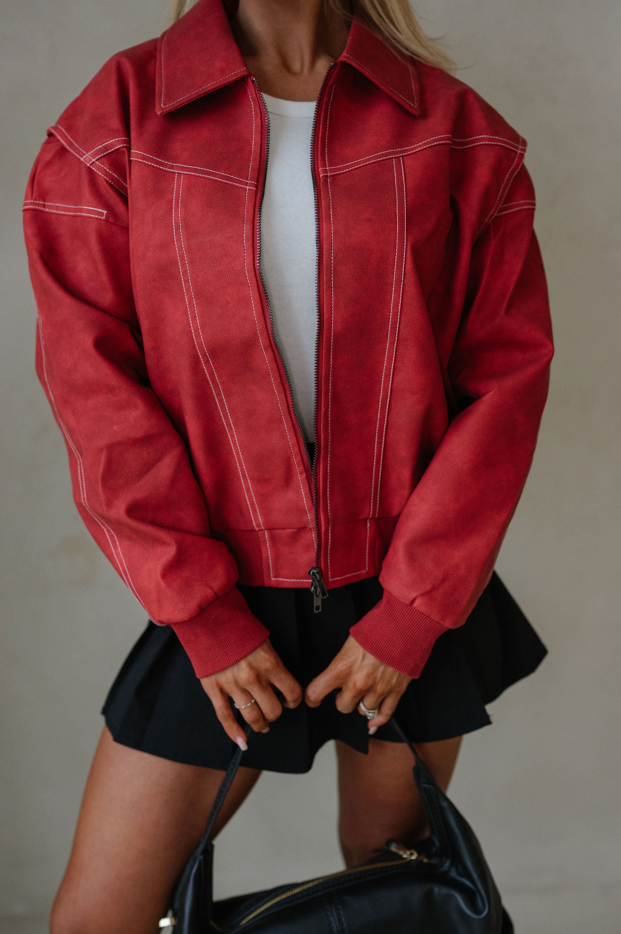Lizzie Leather Bomber Jacket-Red