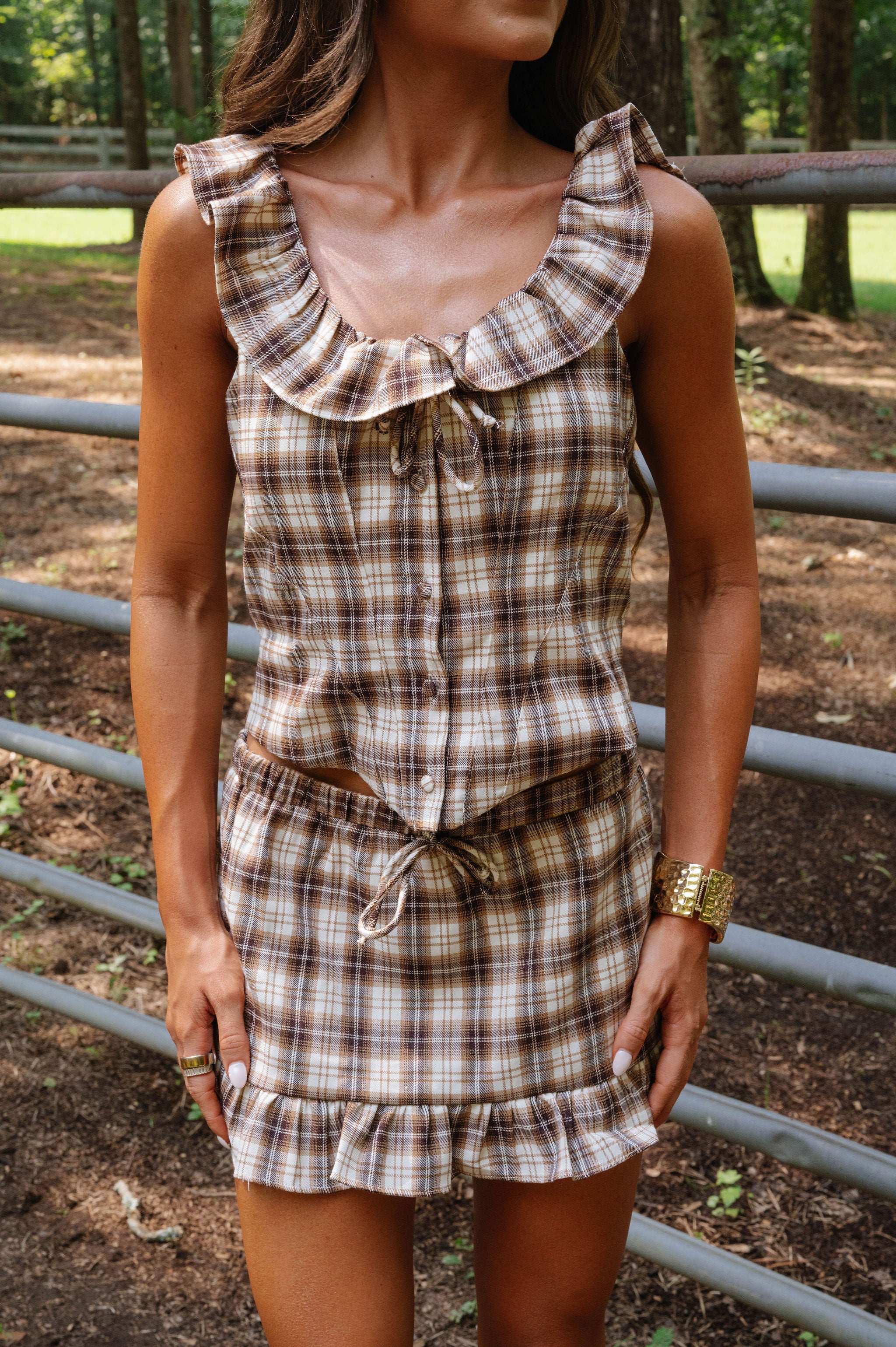 Chloe Plaid Ruffle Mini Skirt Set-Taupe
