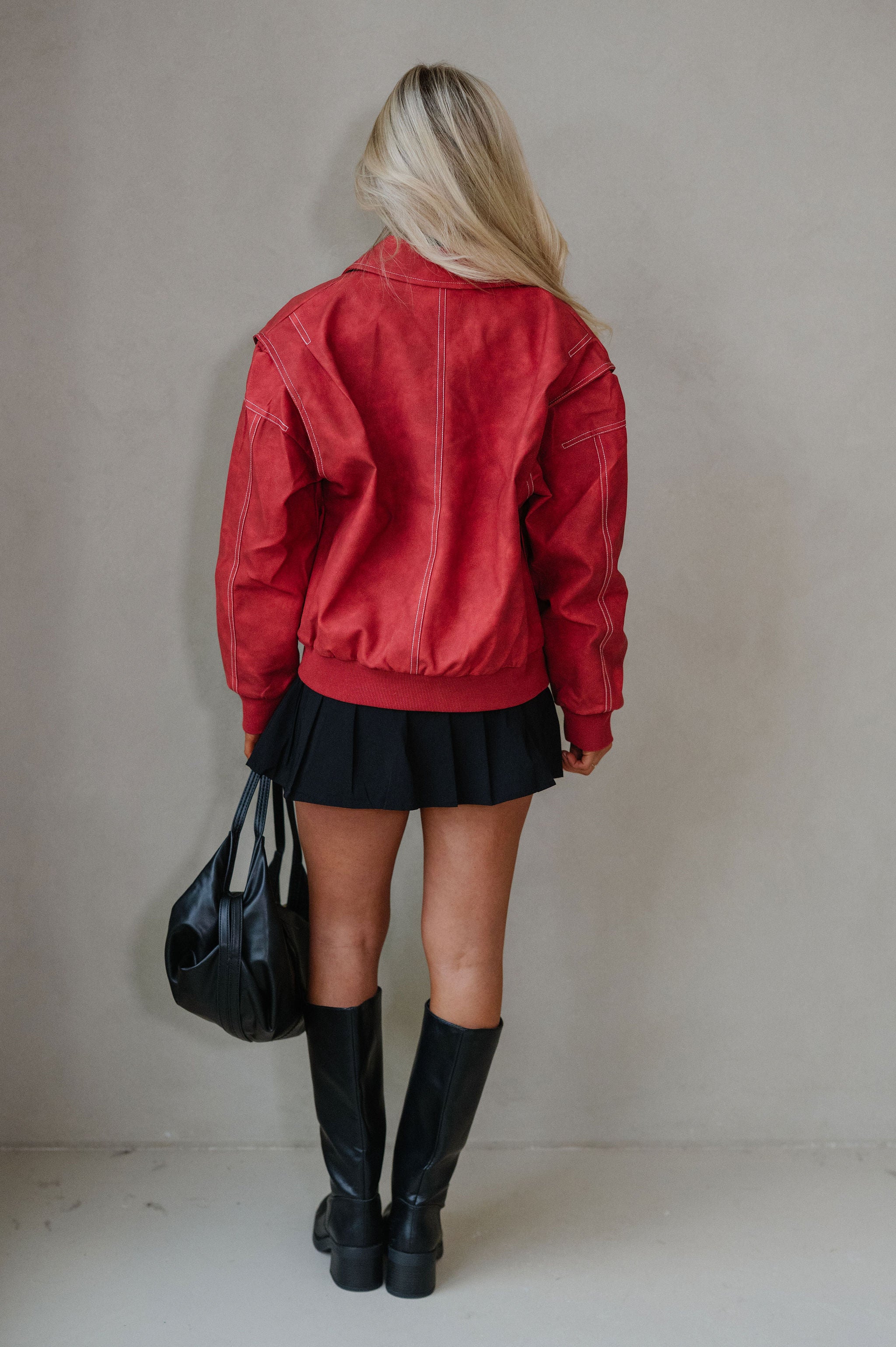 Lizzie Leather Bomber Jacket-Red