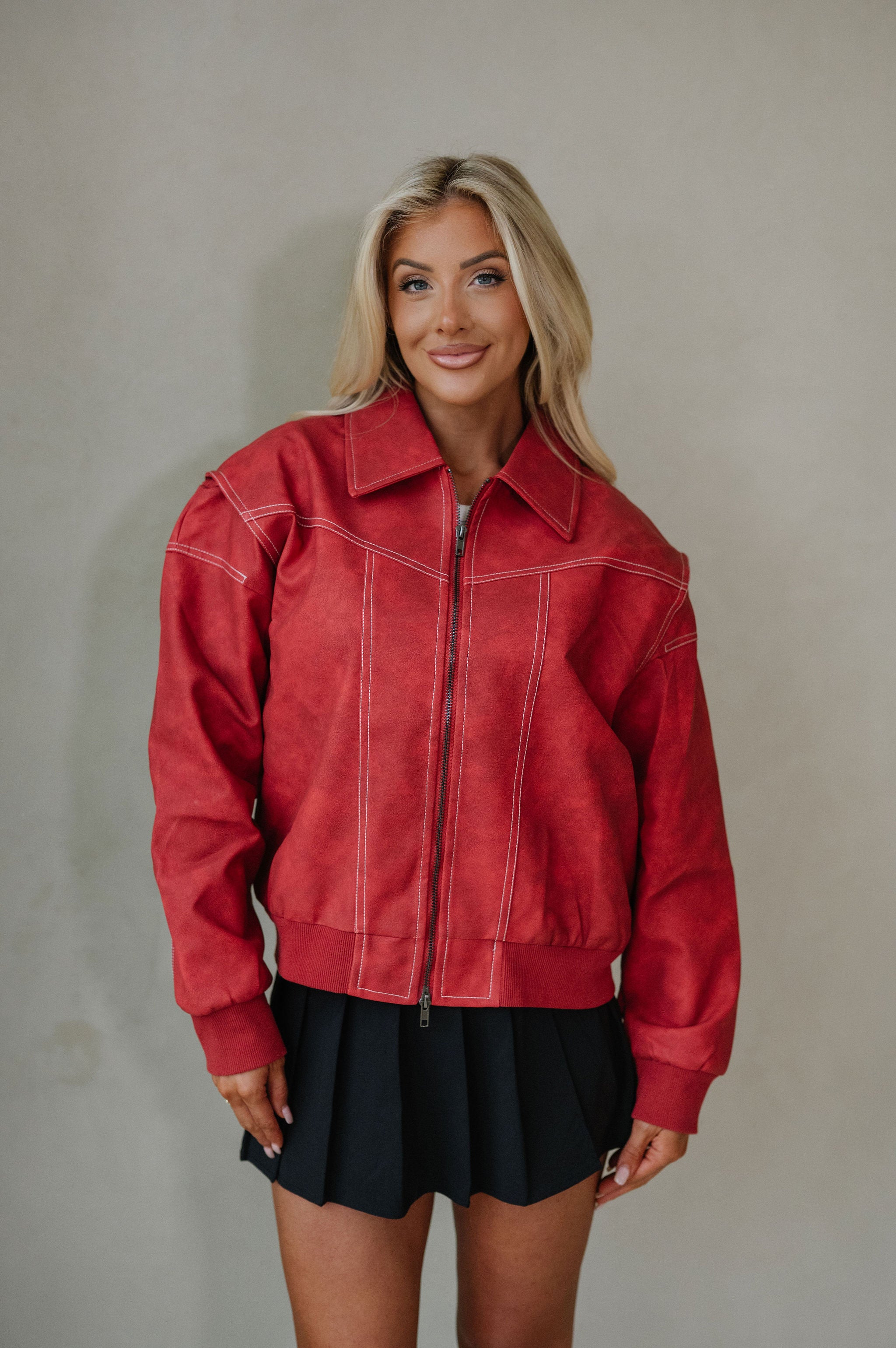 Lizzie Leather Bomber Jacket-Red