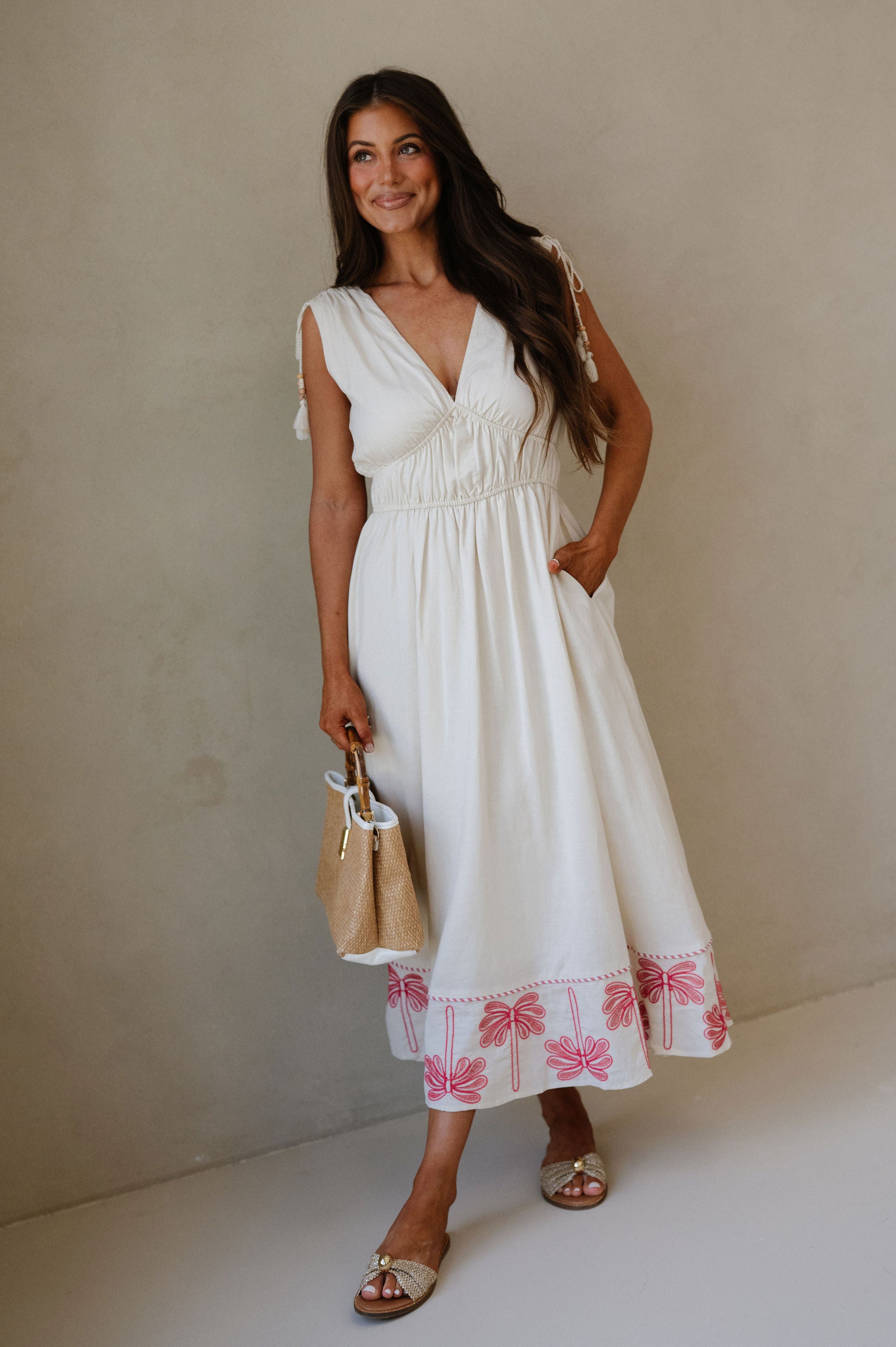 Palm Tree Embroidery Linen Dress