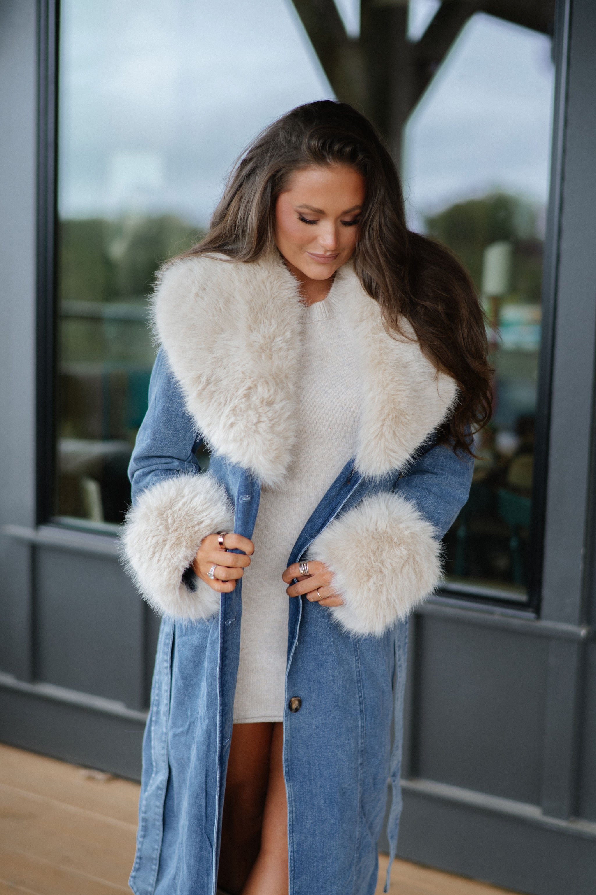 Eliza Fur Trimmed Coat-Denim
