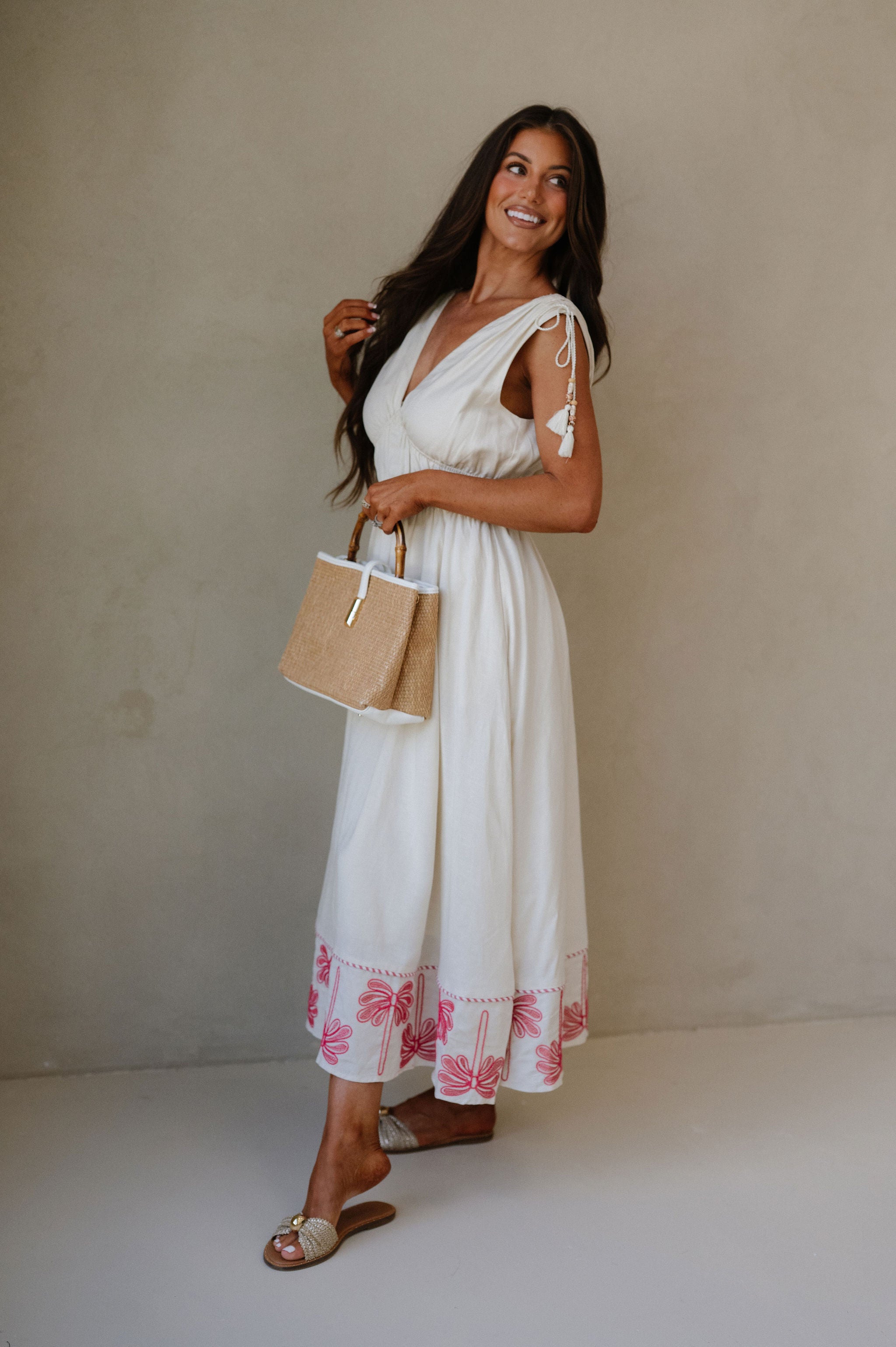 Palm Tree Embroidery Linen Dress
