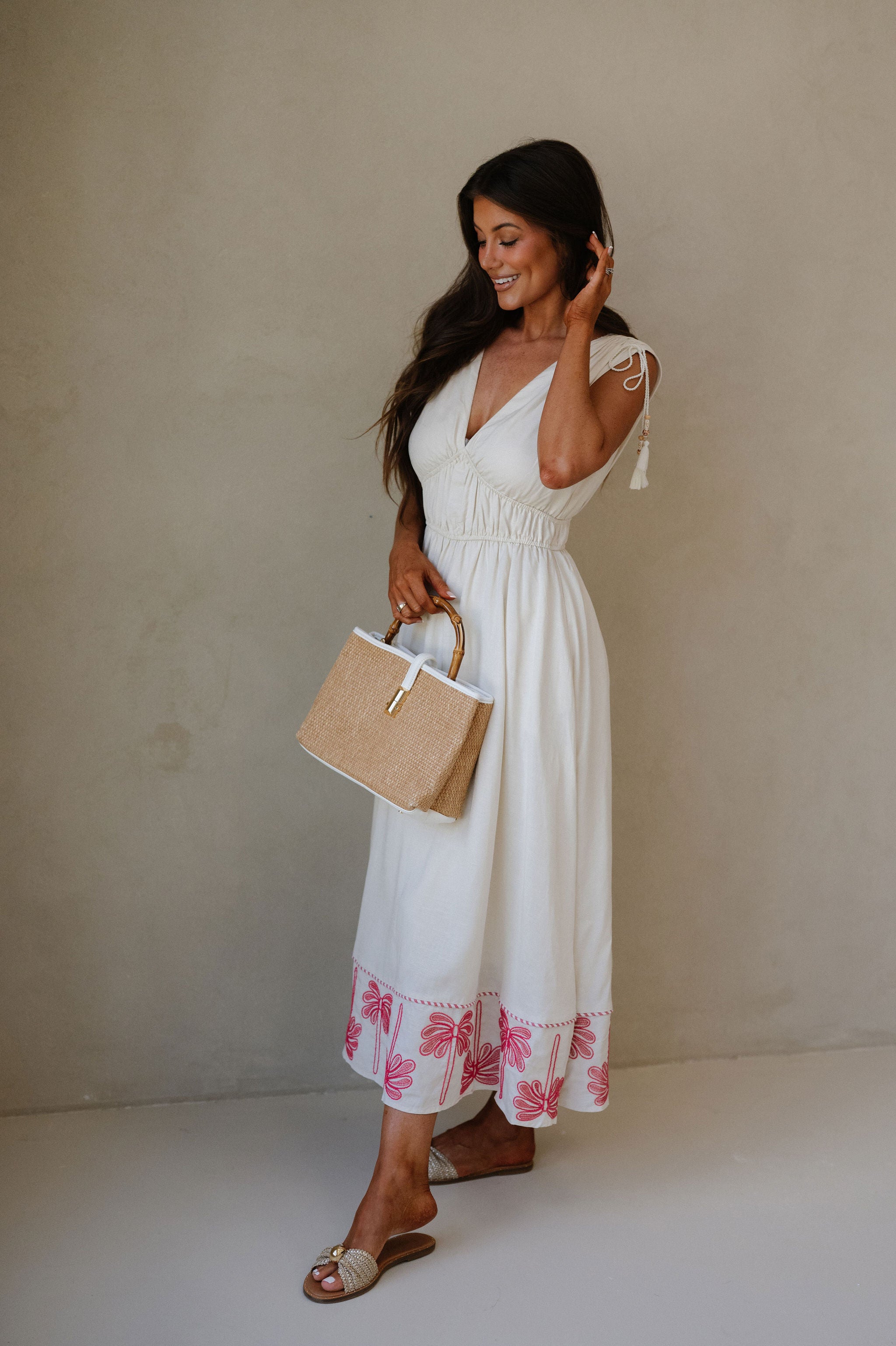 Palm Tree Embroidery Linen Dress