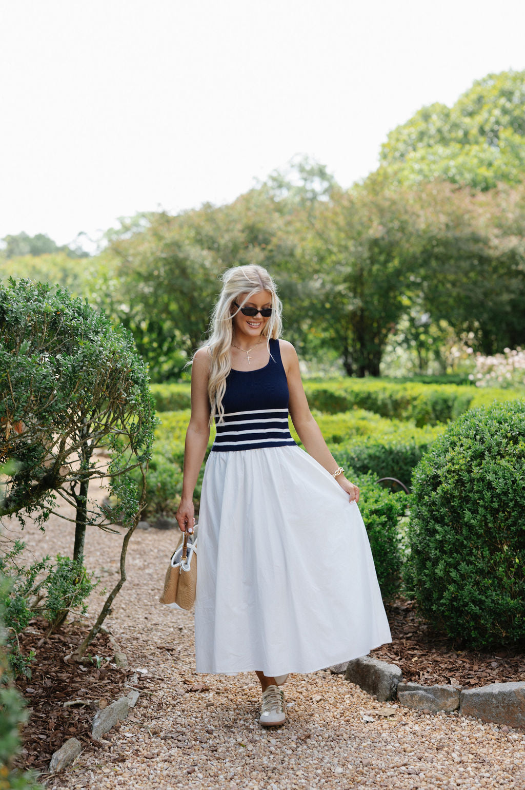 Woven Mix Midi Dress-Navy