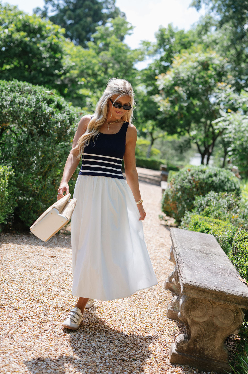 Woven Mix Midi Dress-Navy