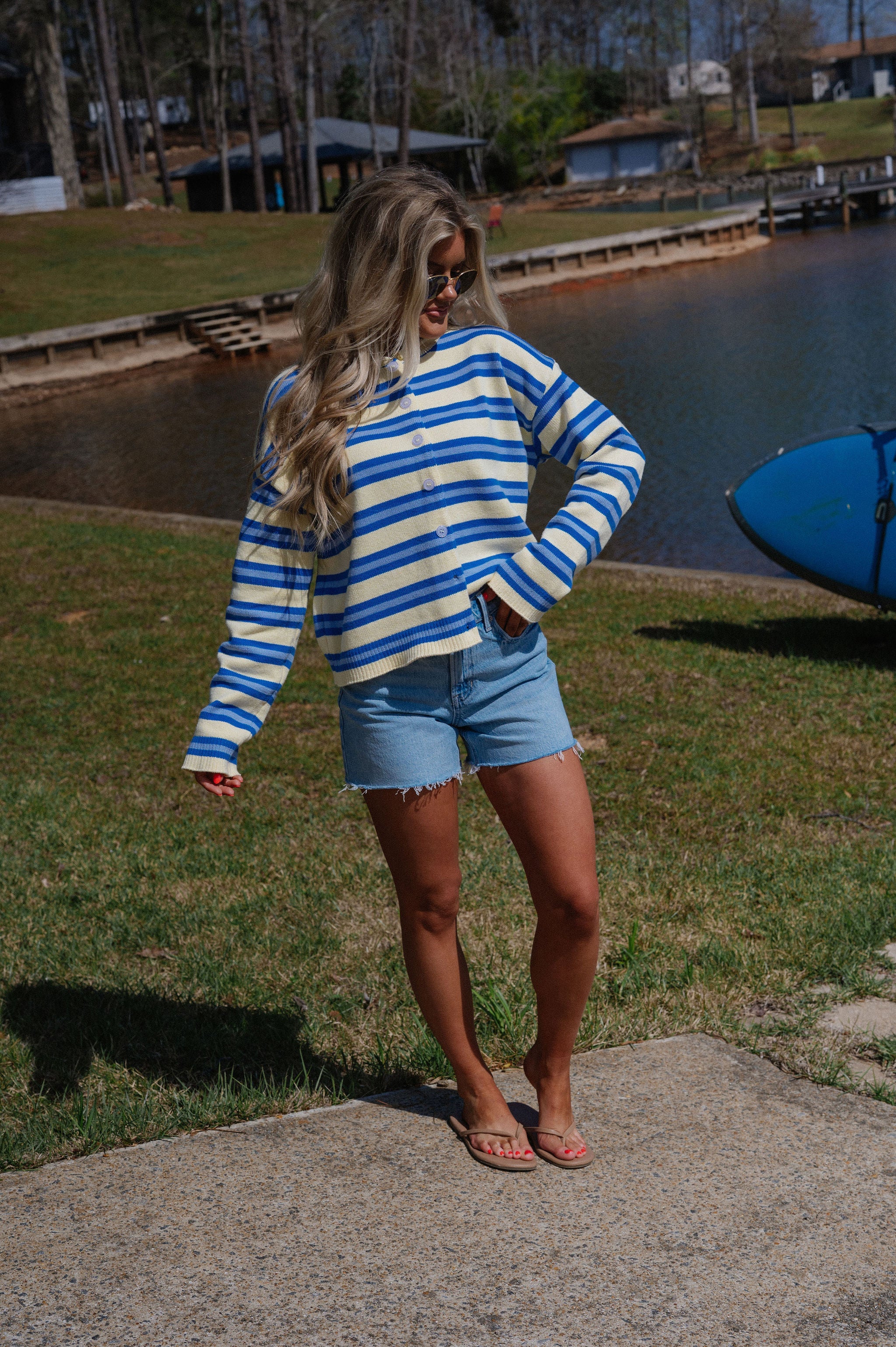 Daisy Striped Cardigan-Yellow/Blue