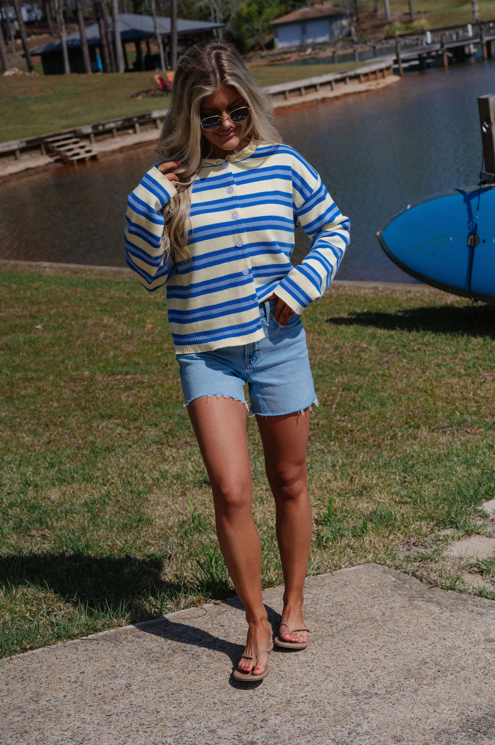 Daisy Striped Cardigan-Yellow/Blue
