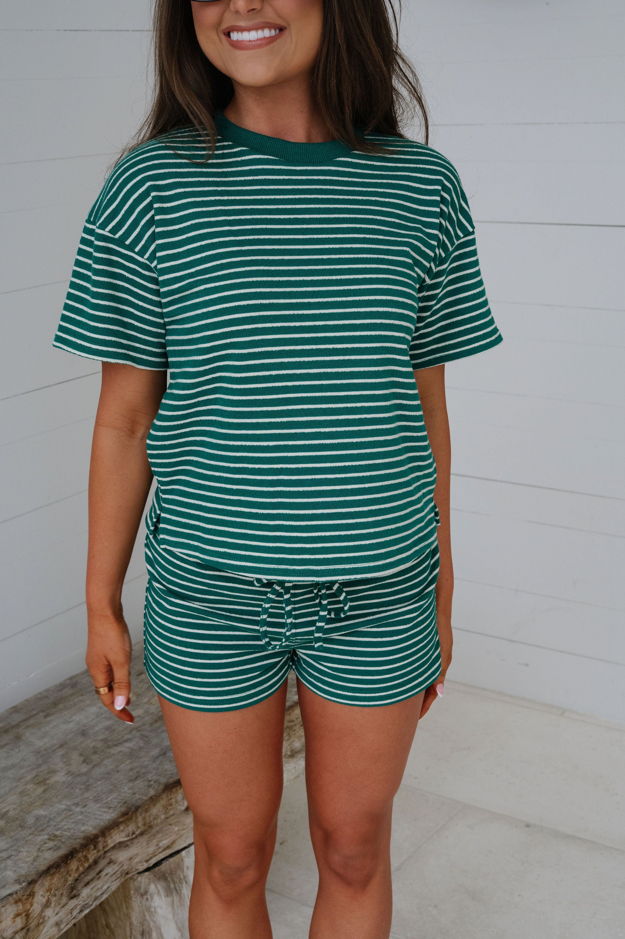 Tate Striped Shorts Set-Forest Green