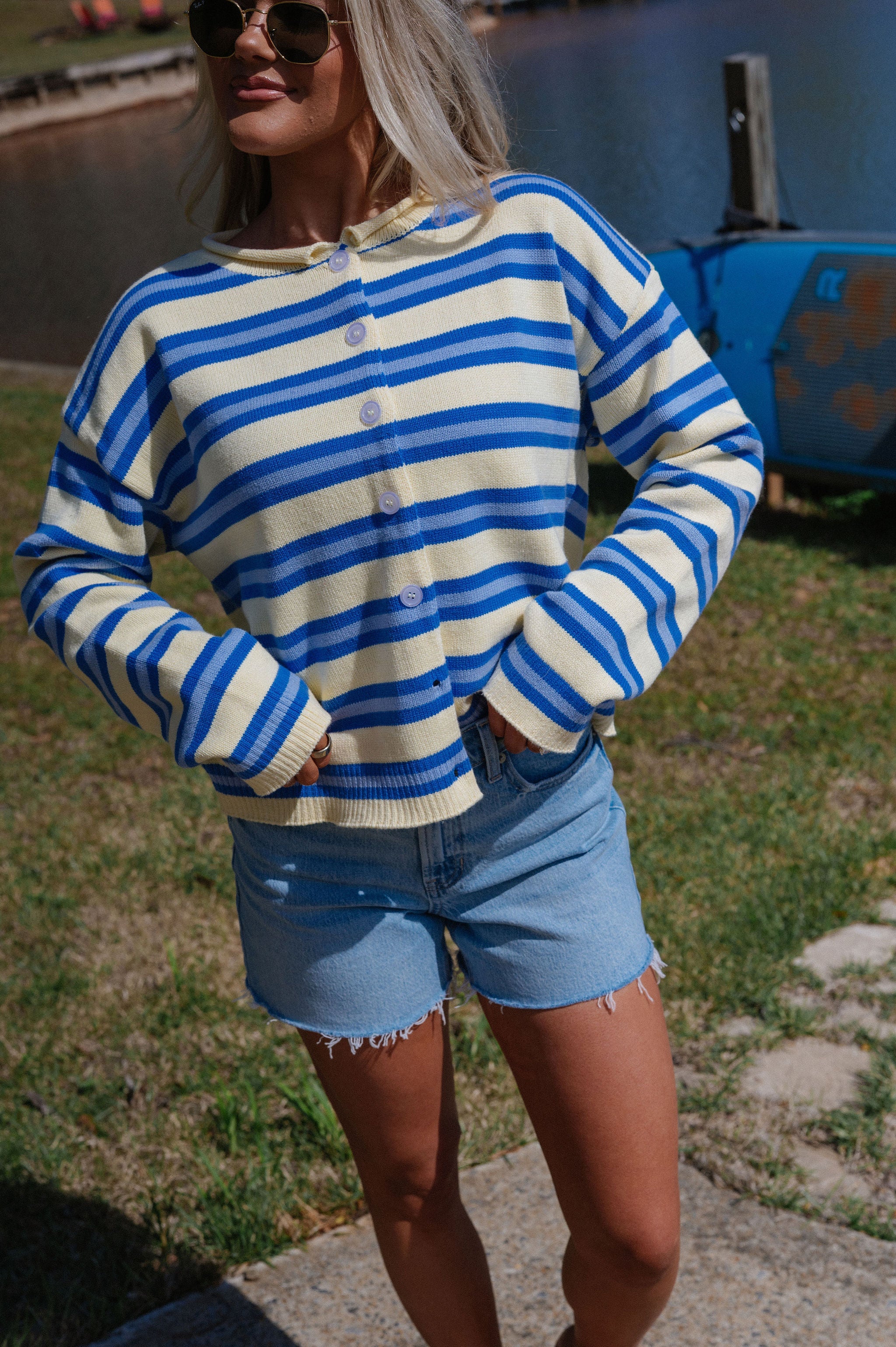 Daisy Striped Cardigan-Yellow/Blue
