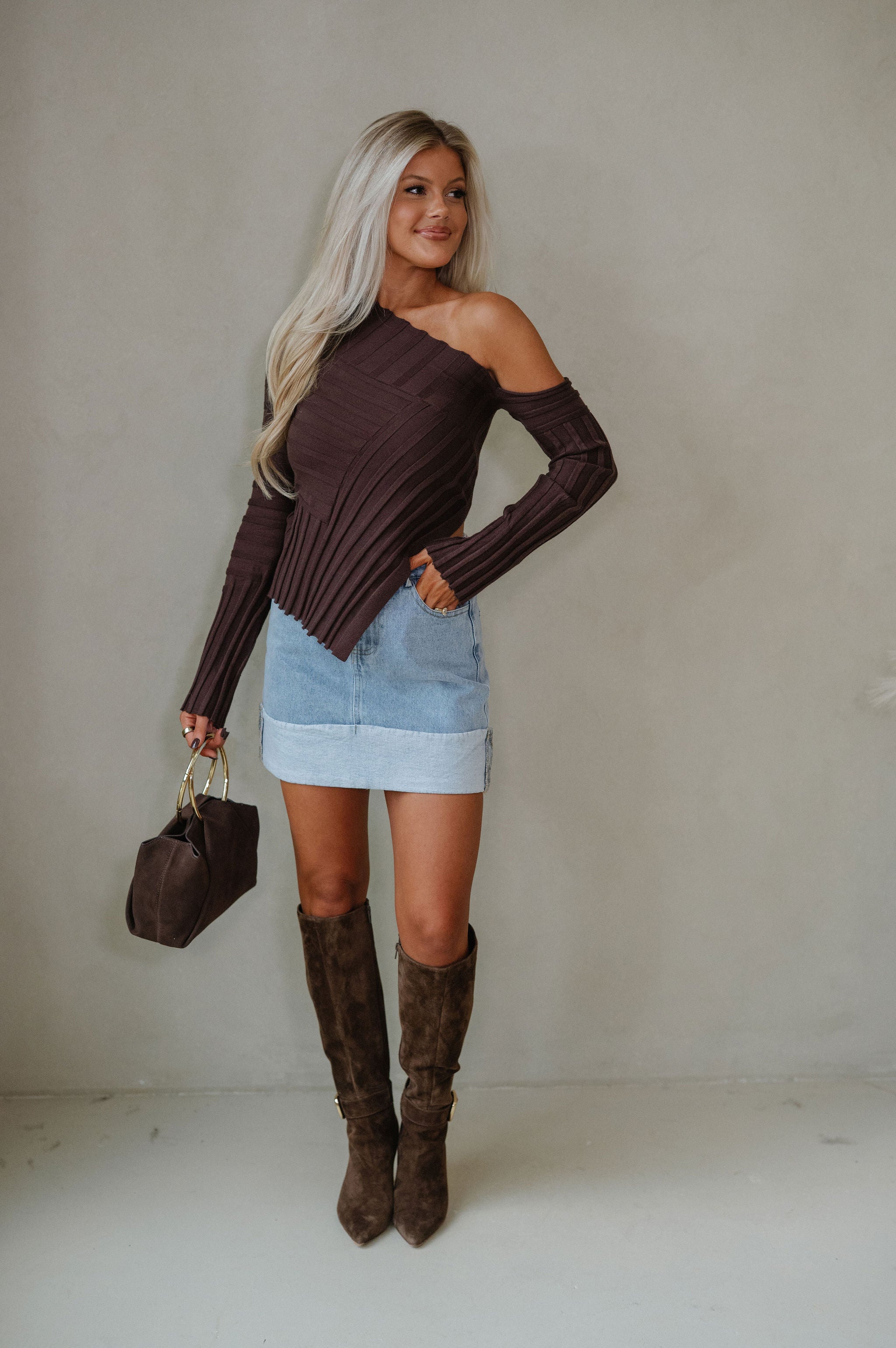 Asymmetrical Hem Sweater Top-Espresso