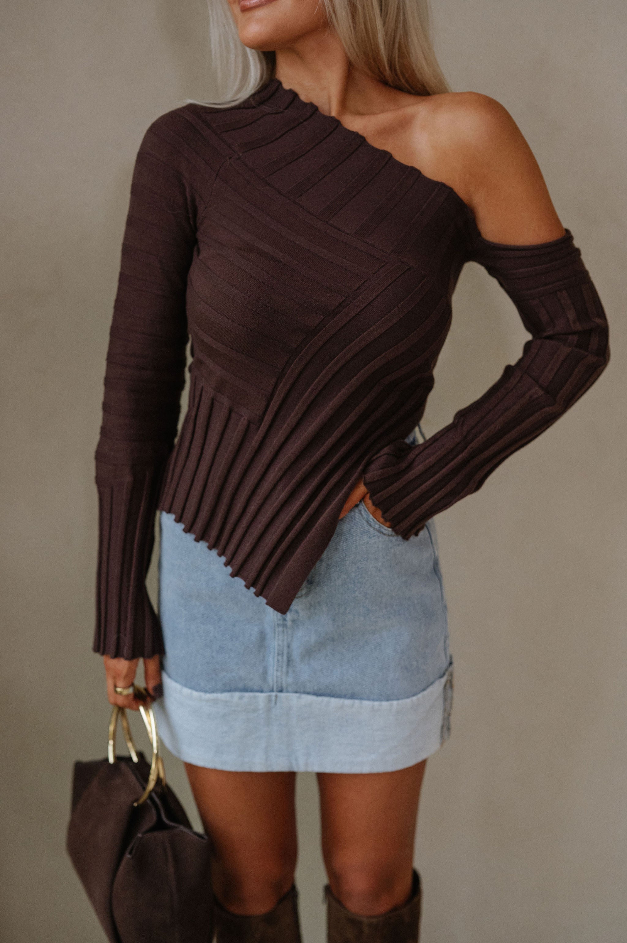 Asymmetrical Hem Sweater Top-Espresso