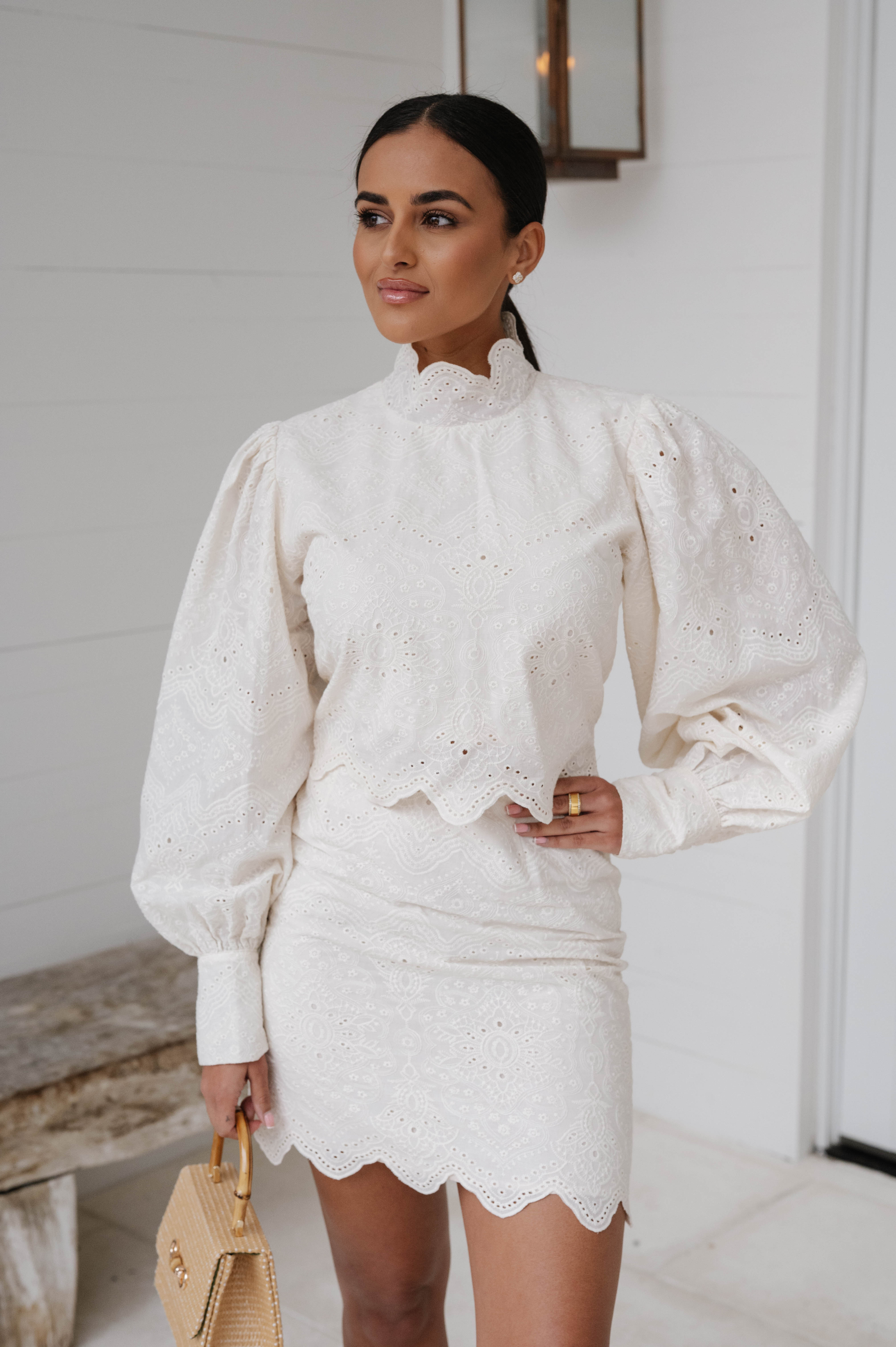 Embroidered Mini Skirt Set-Cream