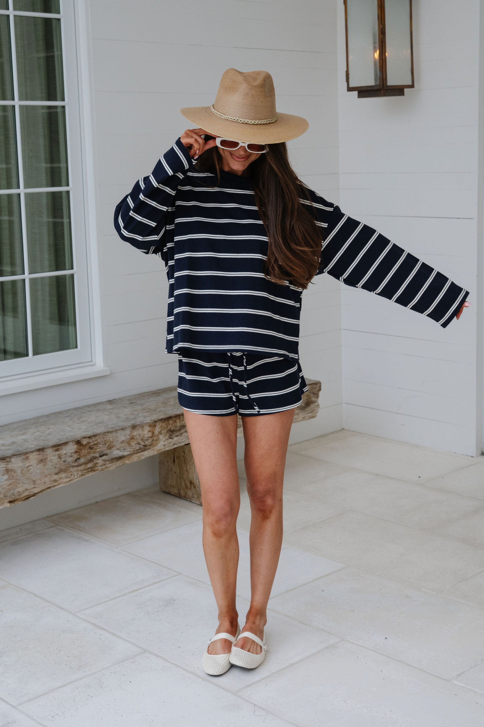 Faith Striped Shorts Set-Navy/Cream